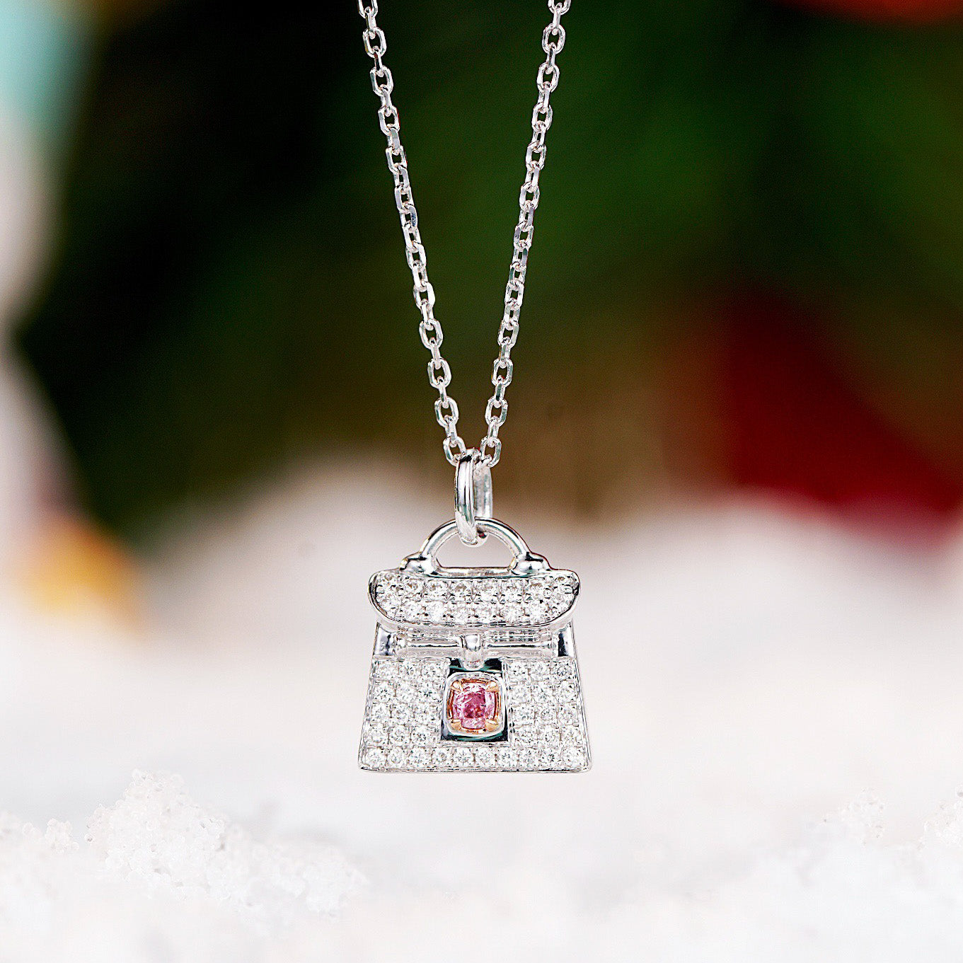 Christmas Kelly Pink Diamond Bag Pendant in 18K White Gold -Front View