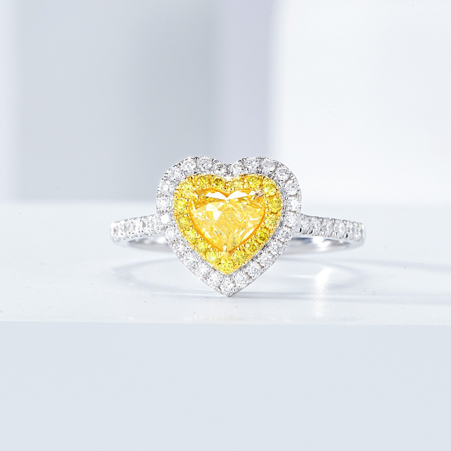 Heart Shaped Yellow Diamond Double Halo Engagement Ring with Pavé Details -Front View