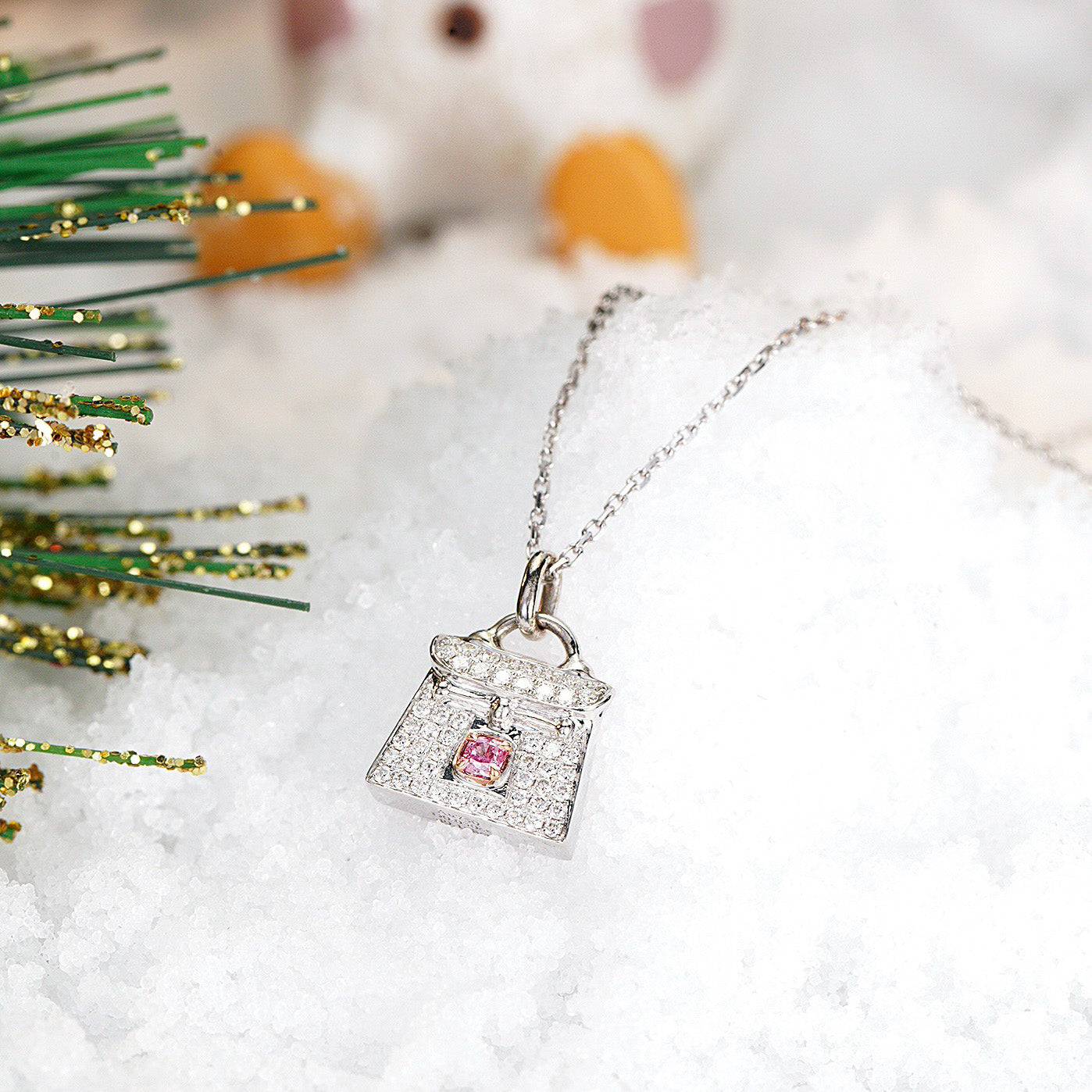 Christmas Kelly Pink Diamond Bag Pendant in 18K White Gold -Side Angle