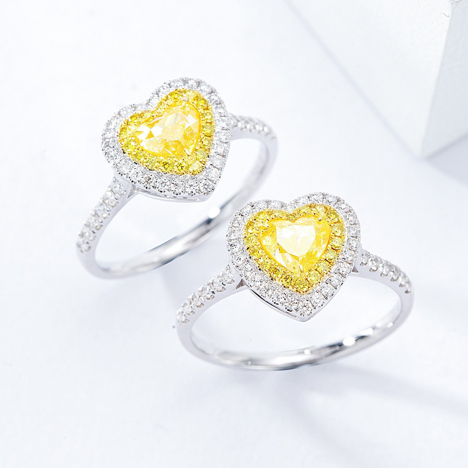 Heart Shaped Yellow Diamond Double Halo Engagement Ring with Pavé Details -Side Angle