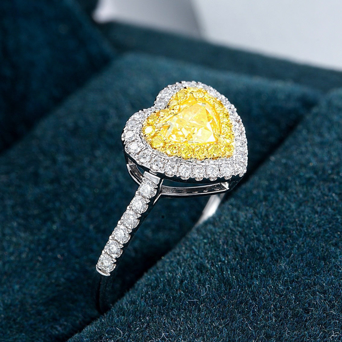 Heart Shaped Yellow Diamond Double Halo Engagement Ring with Pavé Details -Perspective Close-up