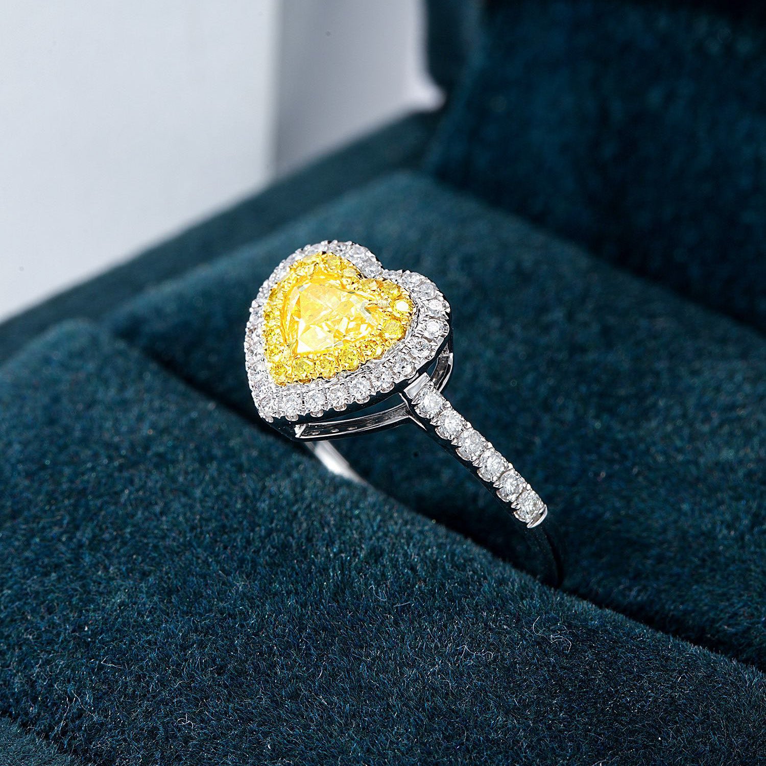 Heart Shaped Yellow Diamond Double Halo Engagement Ring with Pavé Details -In-Box Display