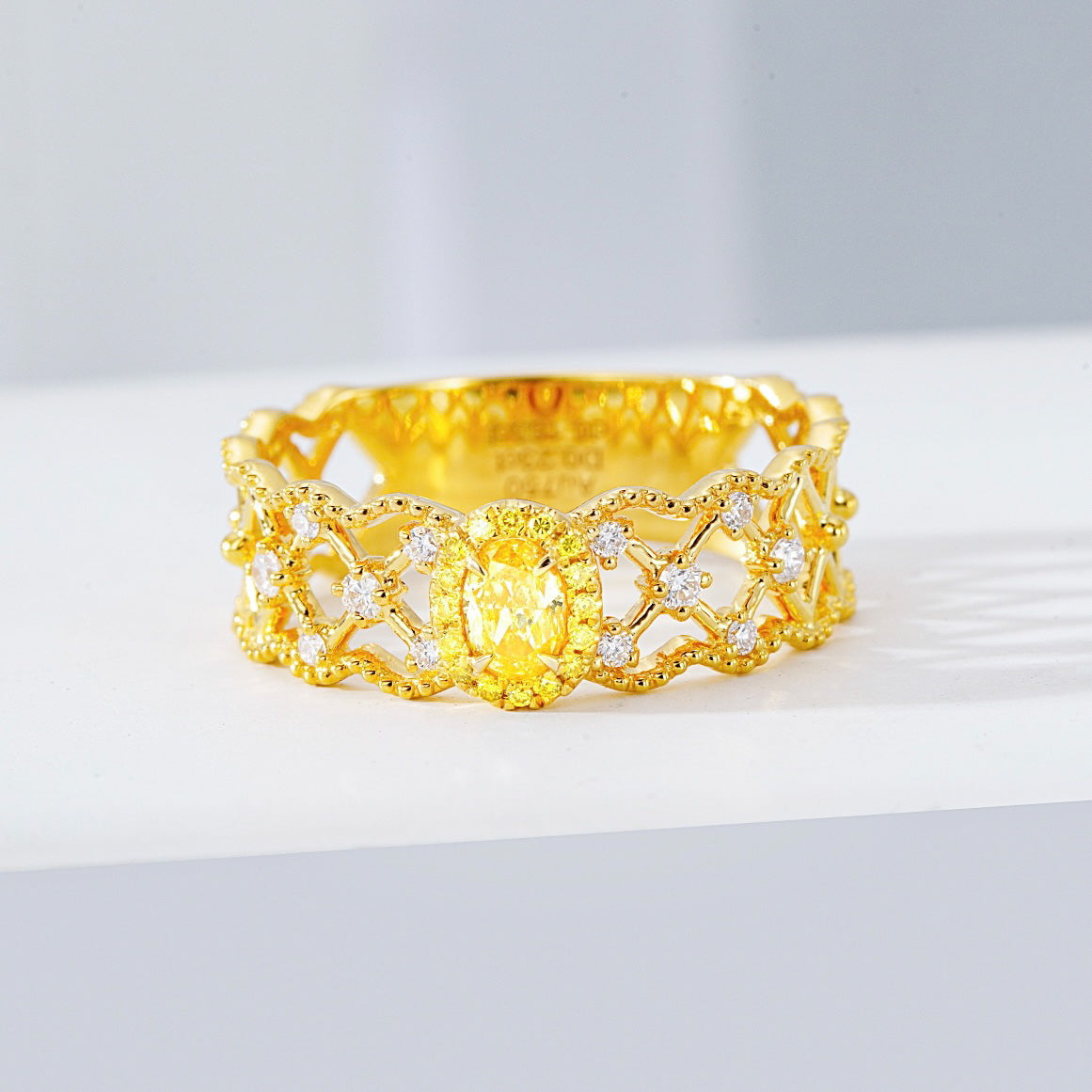 Oval Yellow Diamond Gold Ring with Intricate Filigree Design -Front View