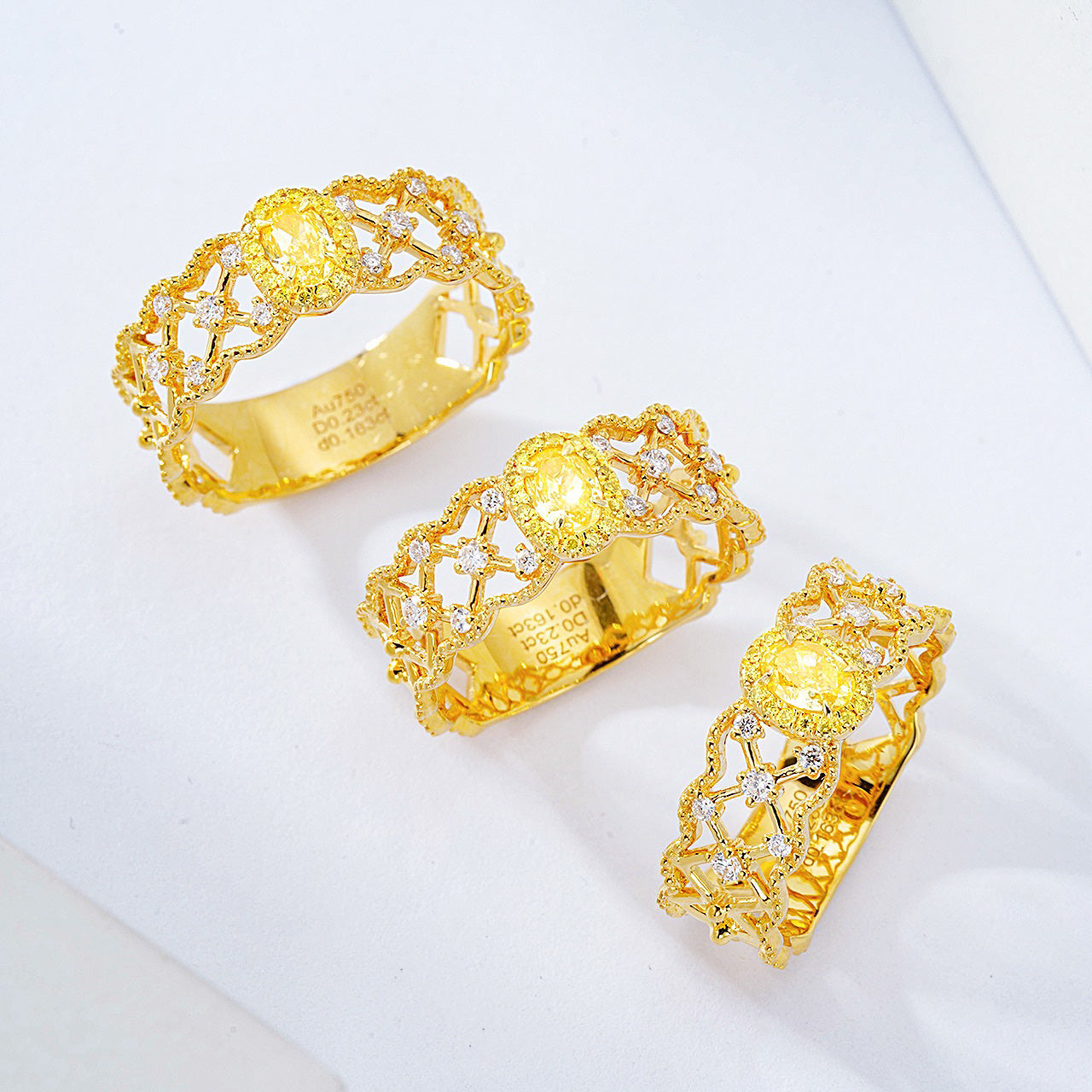 Oval Yellow Diamond Gold Ring with Intricate Filigree Design -Side Angle