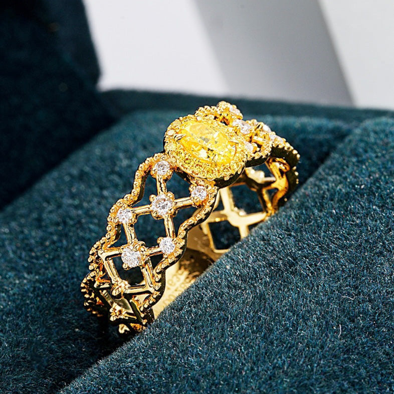 Oval Yellow Diamond Gold Ring with Intricate Filigree Design -Perspective Close-up