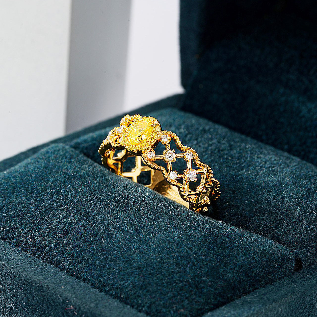 Oval Yellow Diamond Gold Ring with Intricate Filigree Design -In-Box Display