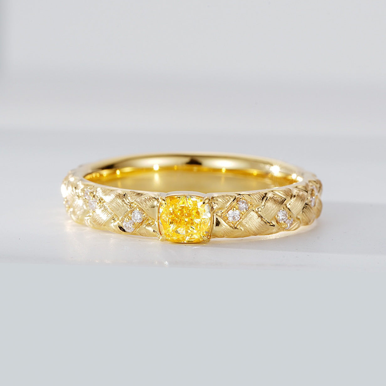 Cushion Cut Yellow Diamond Braided Gold Ring in 18K Yellow Gold -Front View