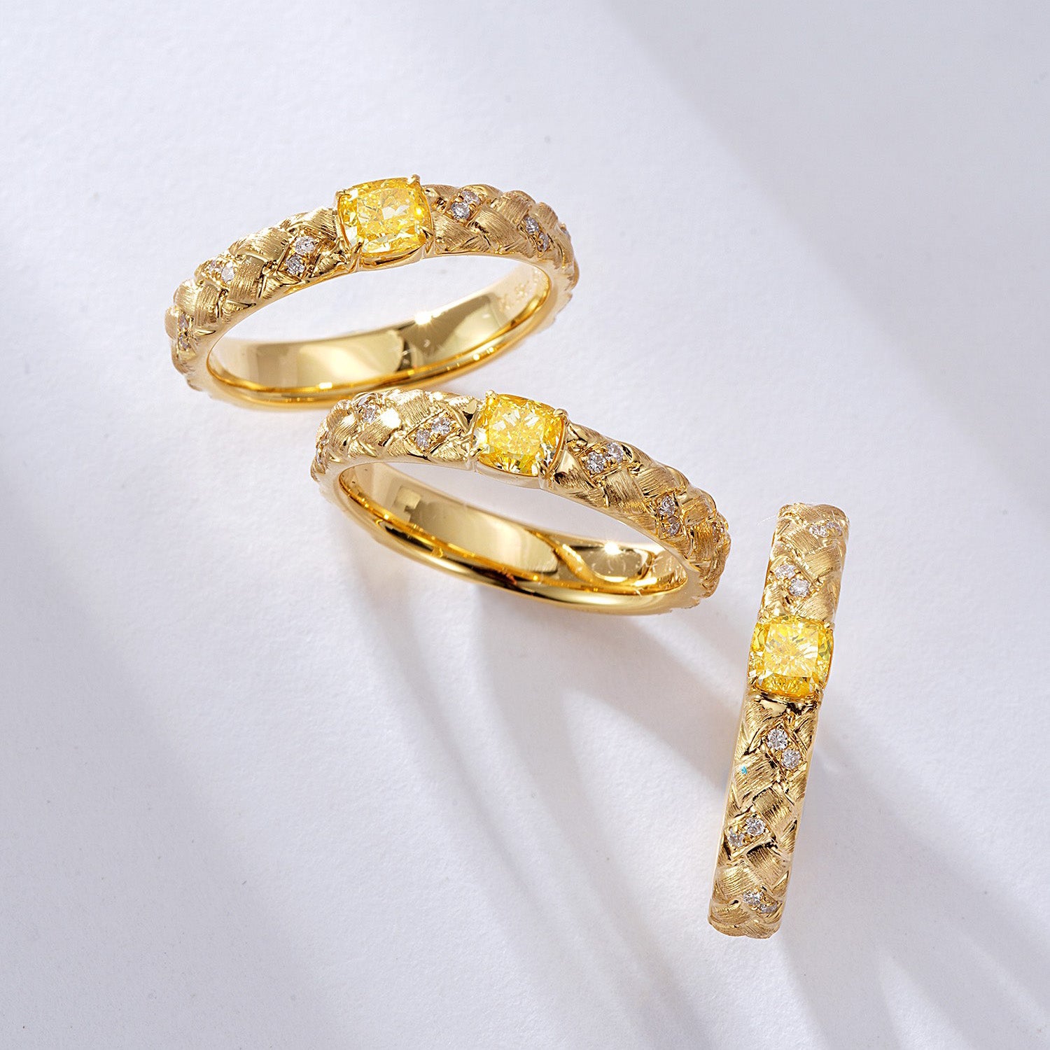 Cushion Cut Yellow Diamond Braided Gold Ring in 18K Yellow Gold -Side Angle