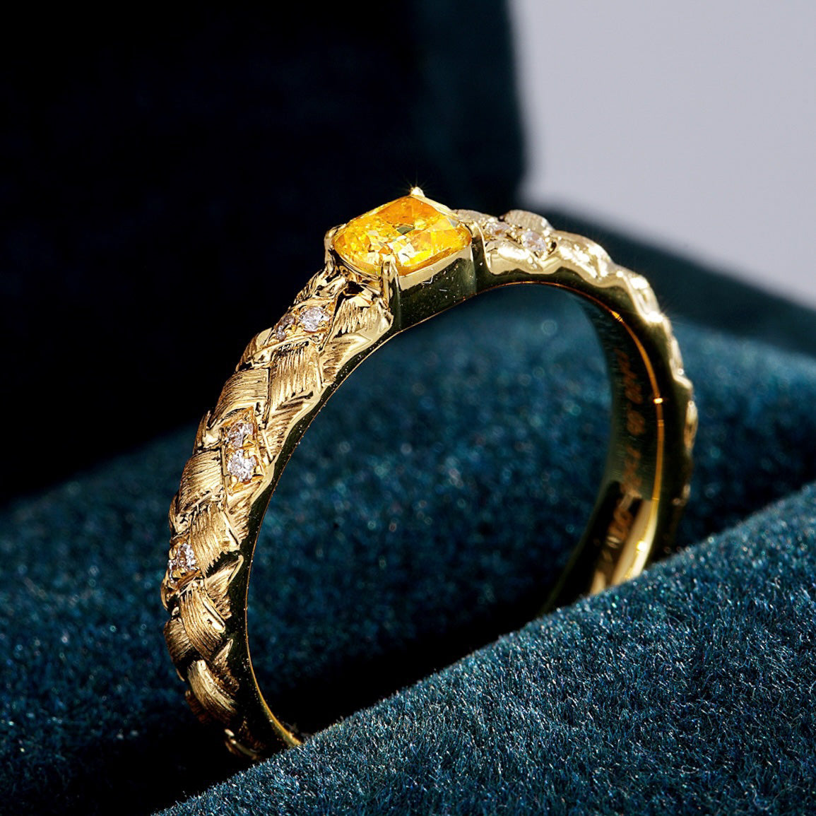 Cushion Cut Yellow Diamond Braided Gold Ring in 18K Yellow Gold -Perspective Close-up