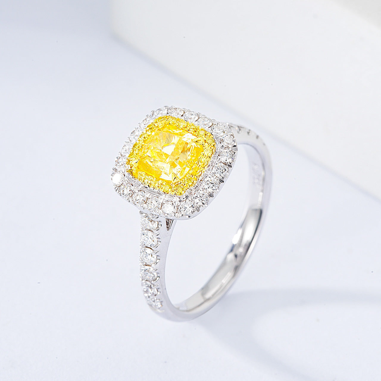 Cushion Cut Yellow Diamond Engagement Ring with Pavé Halo Setting in 18K White Gold -Side Angle