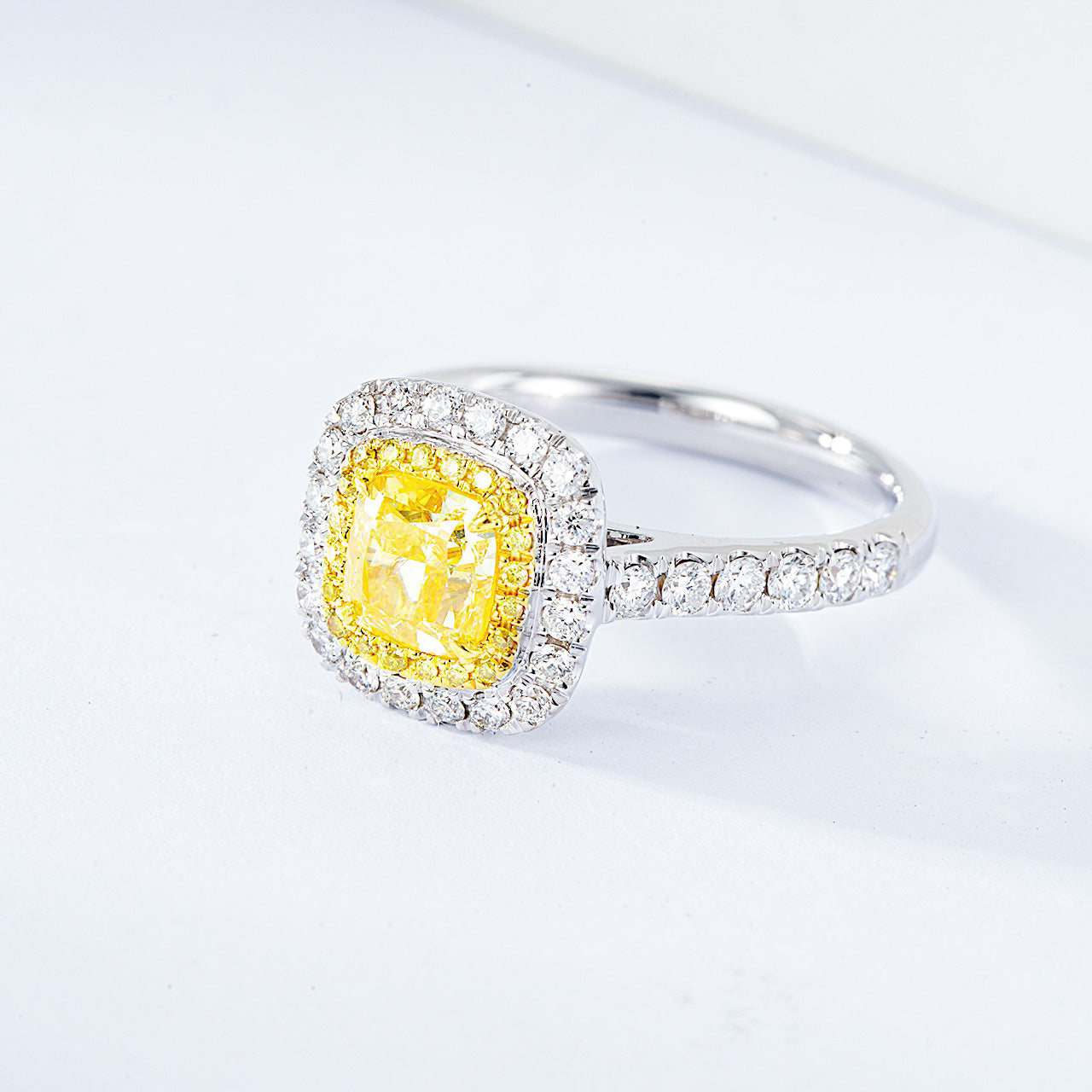 Cushion Cut Yellow Diamond Engagement Ring with Pavé Halo Setting in 18K White Gold -Top View