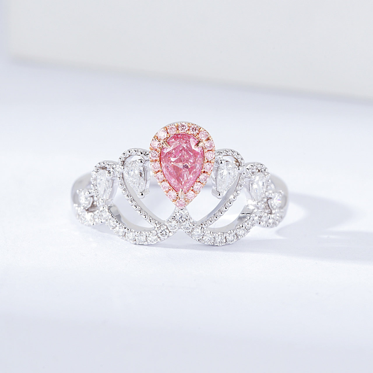 Pear Shaped Pink Diamond Crown Inspired Ring -Front View