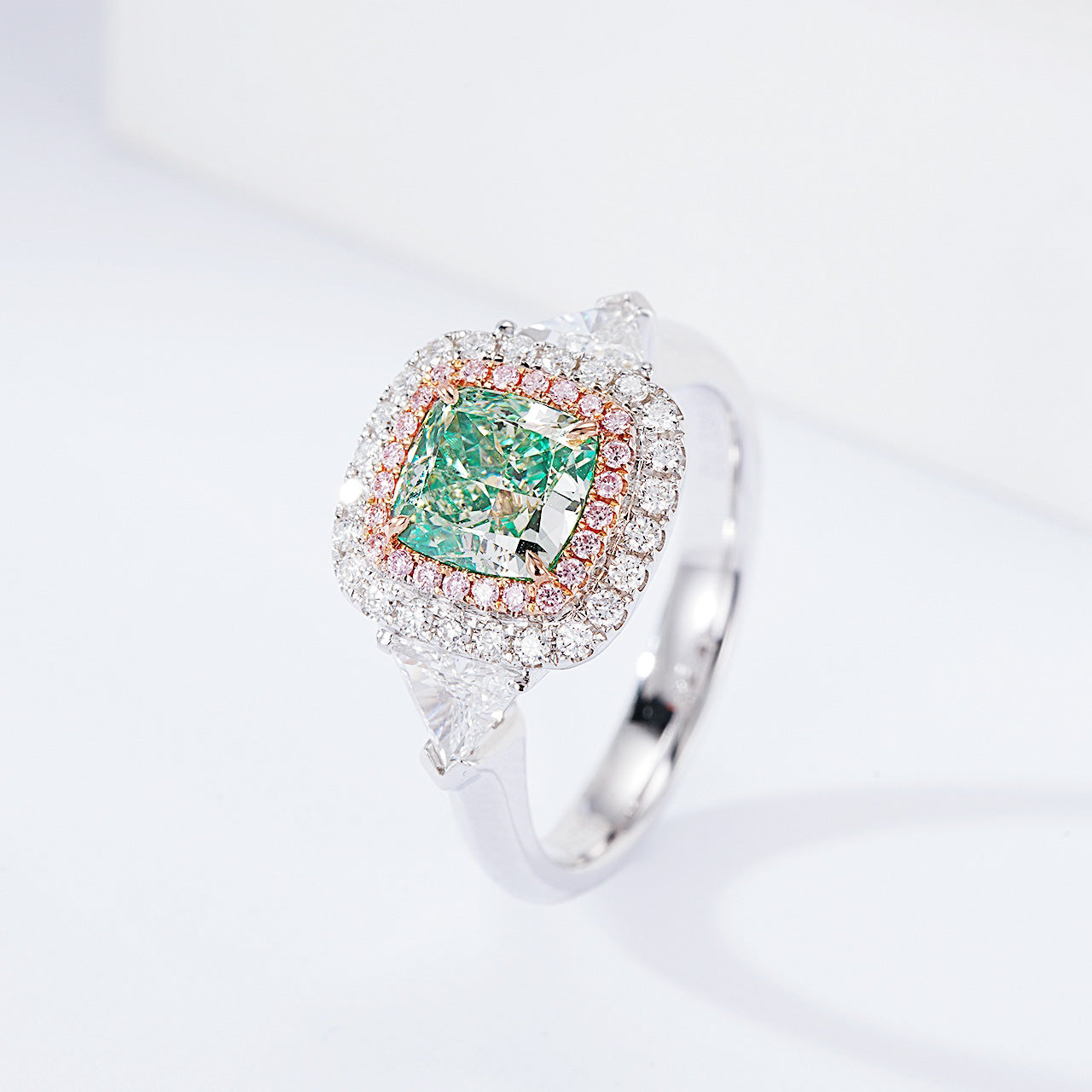 Cushion Cut Green Diamond Halo Engagement Ring with Three Stone Setting in 18K White Gold -Side Angle