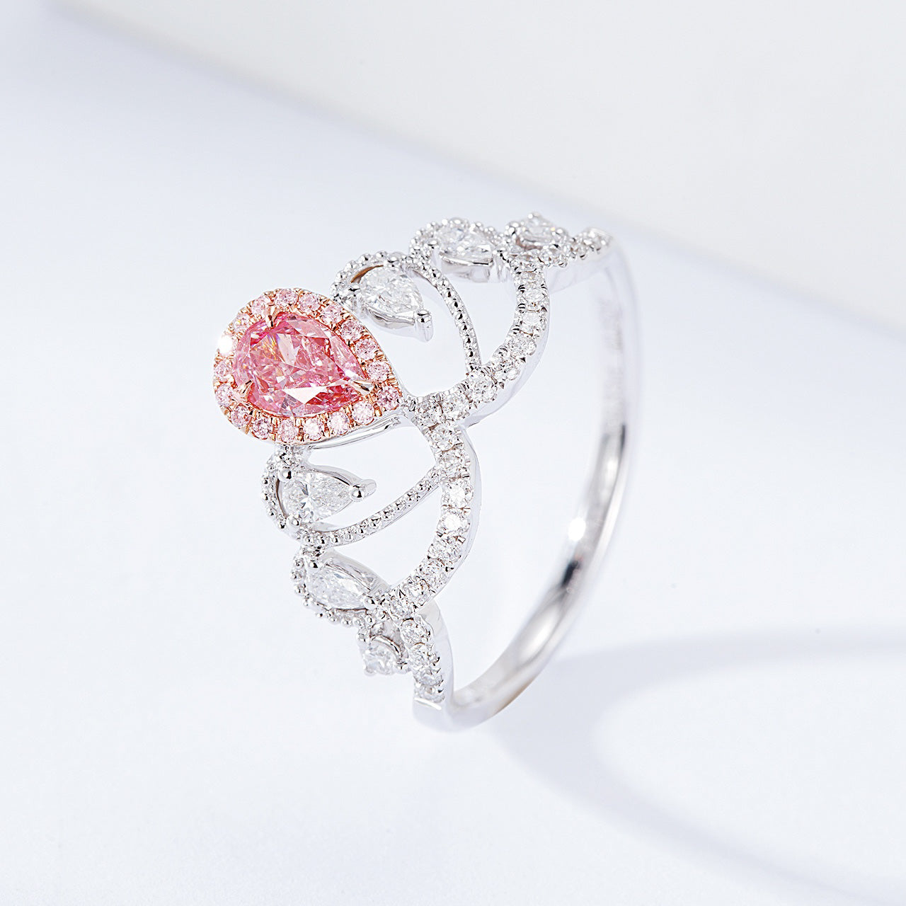 Pear Shaped Pink Diamond Crown Inspired Ring -Side Angle