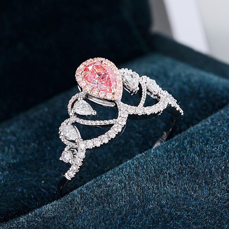 Pear Shaped Pink Diamond Crown Inspired Ring -Perspective Close-up