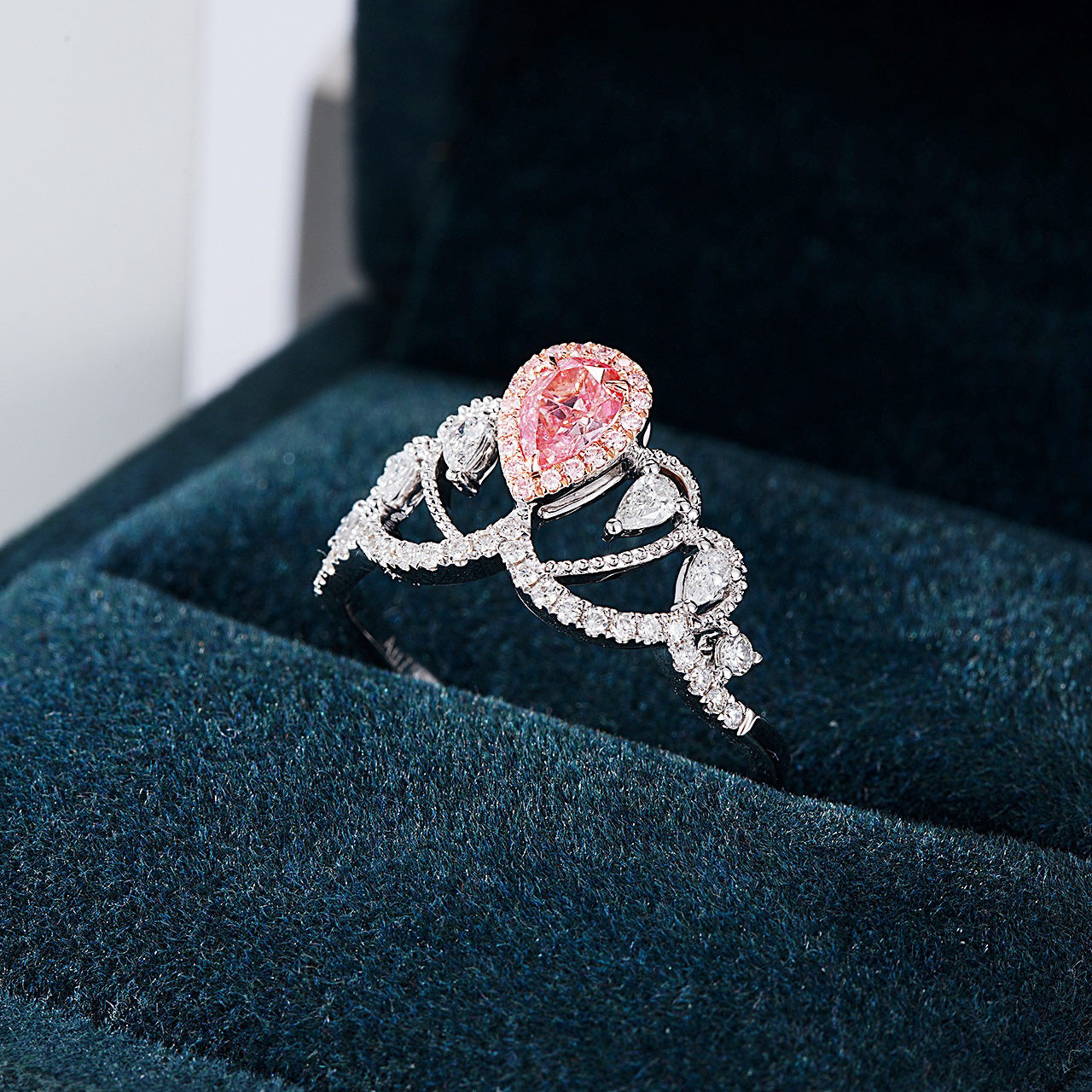 Pear Shaped Pink Diamond Crown Inspired Ring -In-Box Display