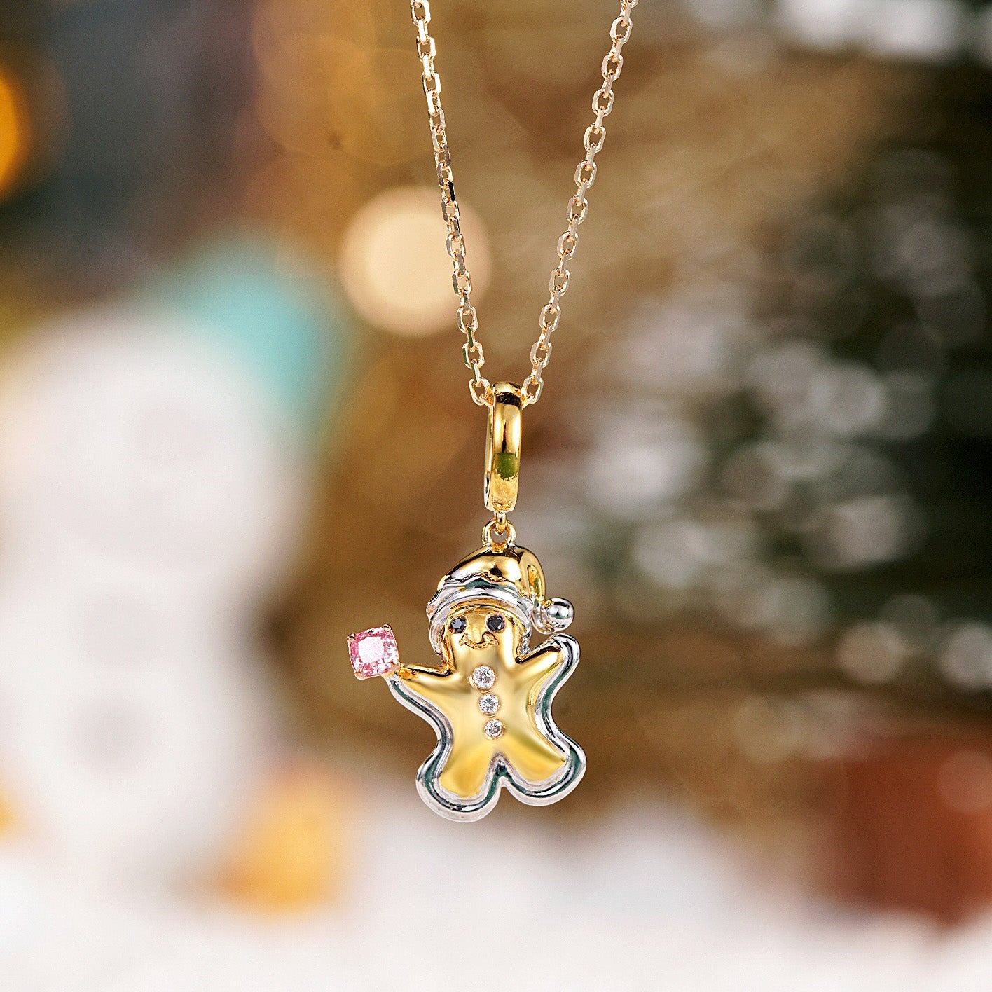 Pink Diamond Christmas Gingerbread Man Pendant in 18K Gold -Front View