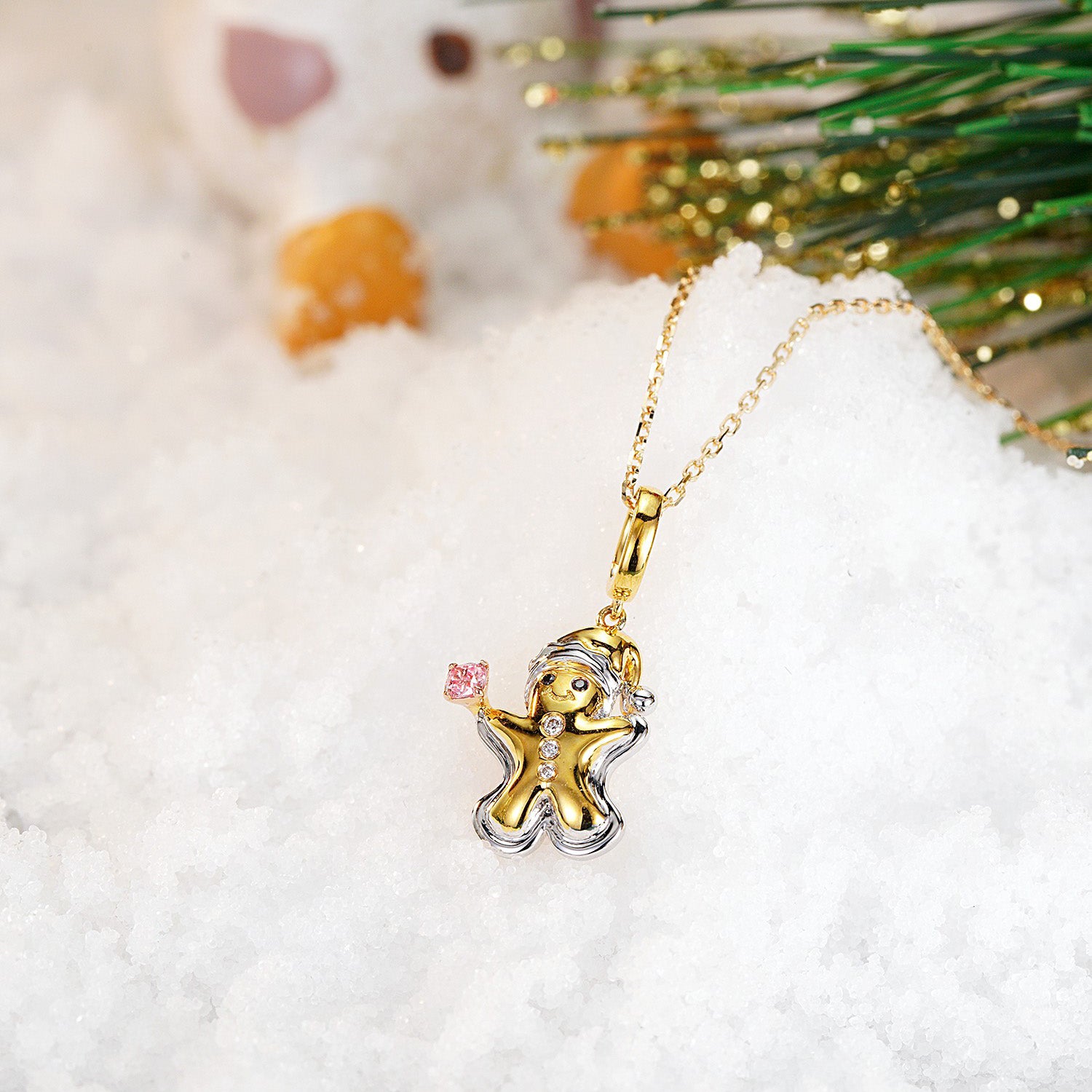 Pink Diamond Christmas Gingerbread Man Pendant in 18K Gold -Side Angle