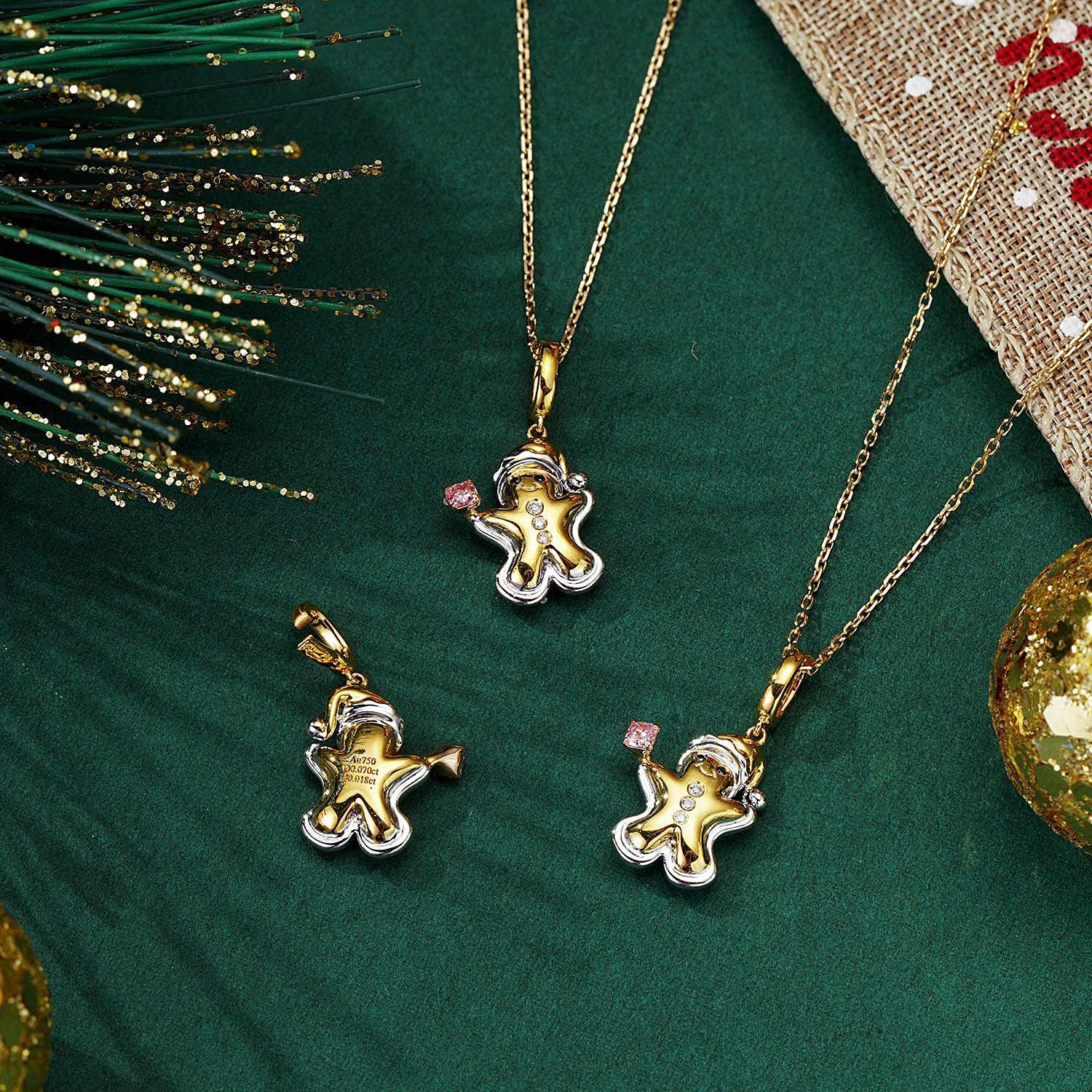 Pink Diamond Christmas Gingerbread Man Pendant in 18K Gold -Top View