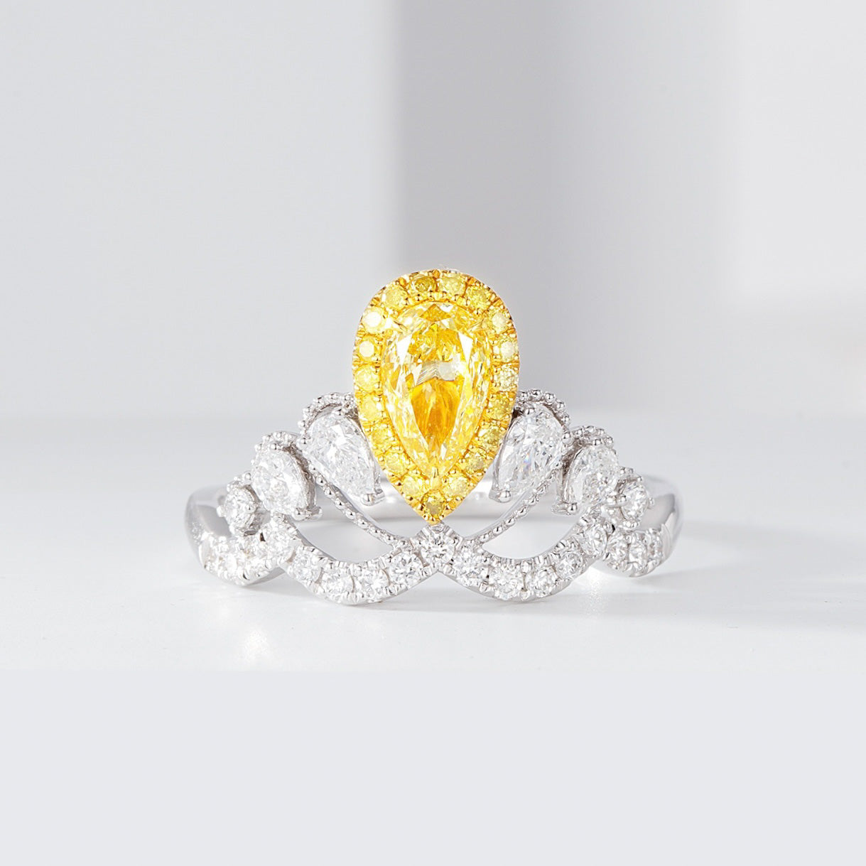 Pear Shaped Yellow Diamond Crown Inspired Ring -Front View