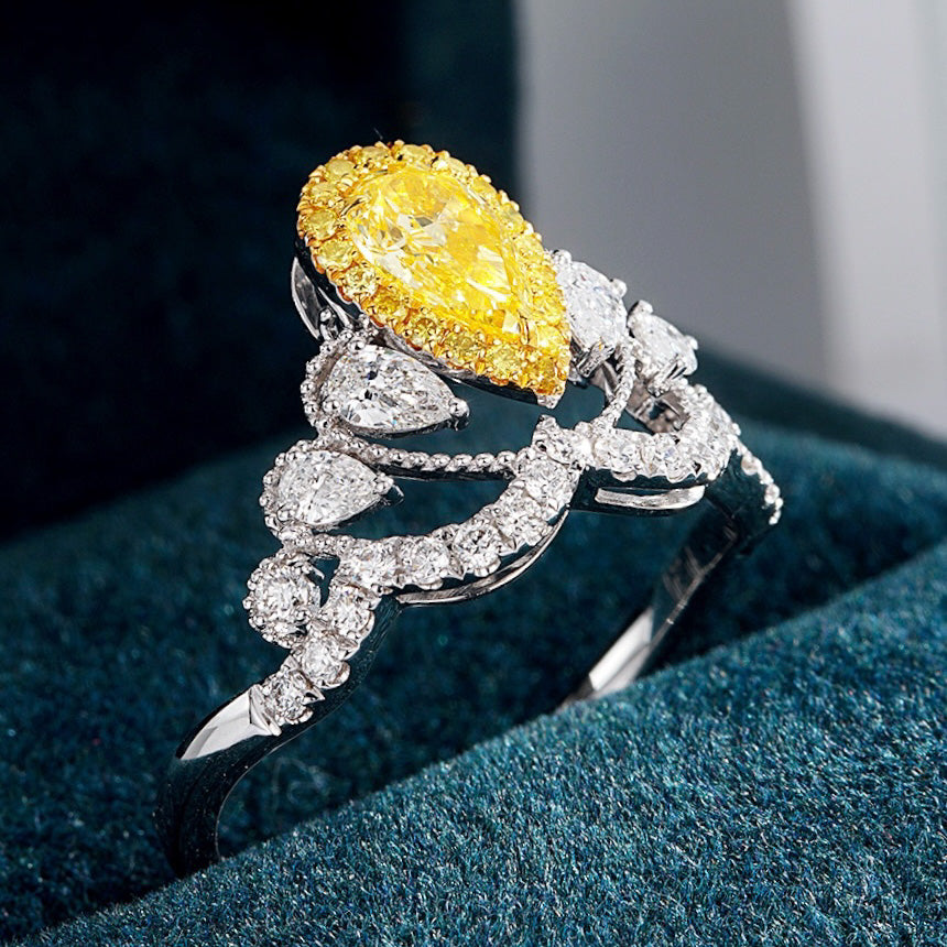 Pear Shaped Yellow Diamond Crown Inspired Ring -Perspective Close-up