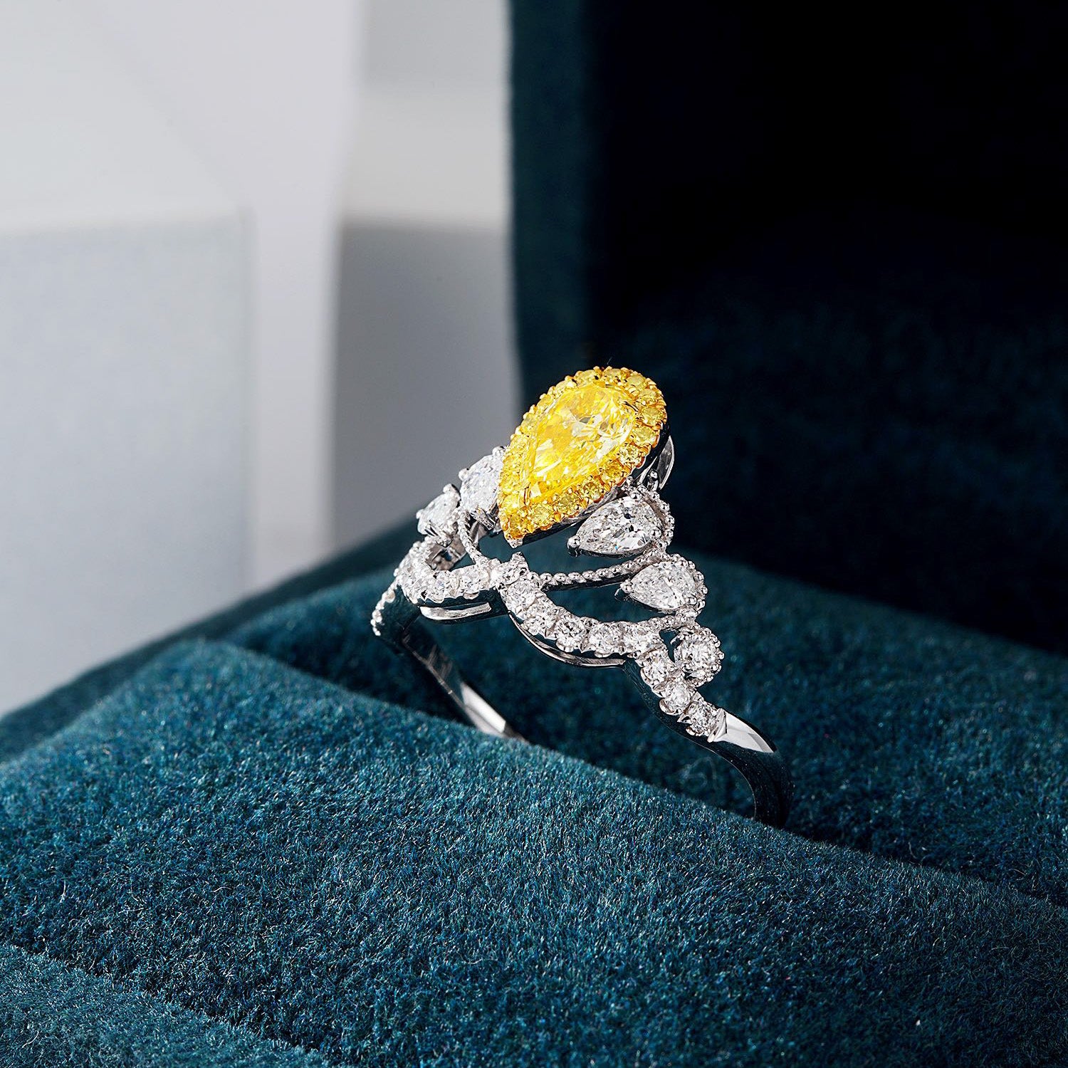 Pear Shaped Yellow Diamond Crown Inspired Ring -In-Box Display