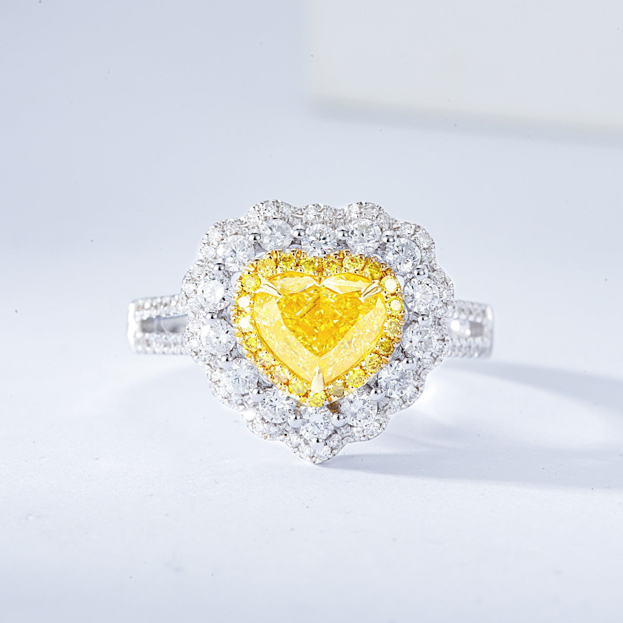 Heart Shaped Yellow Diamond Engagement Ring with Pavé Halo Setting -Front View