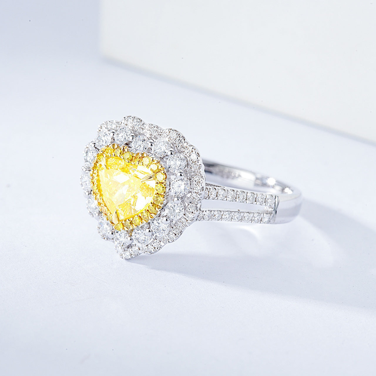 Heart Shaped Yellow Diamond Engagement Ring with Pavé Halo Setting -Top View