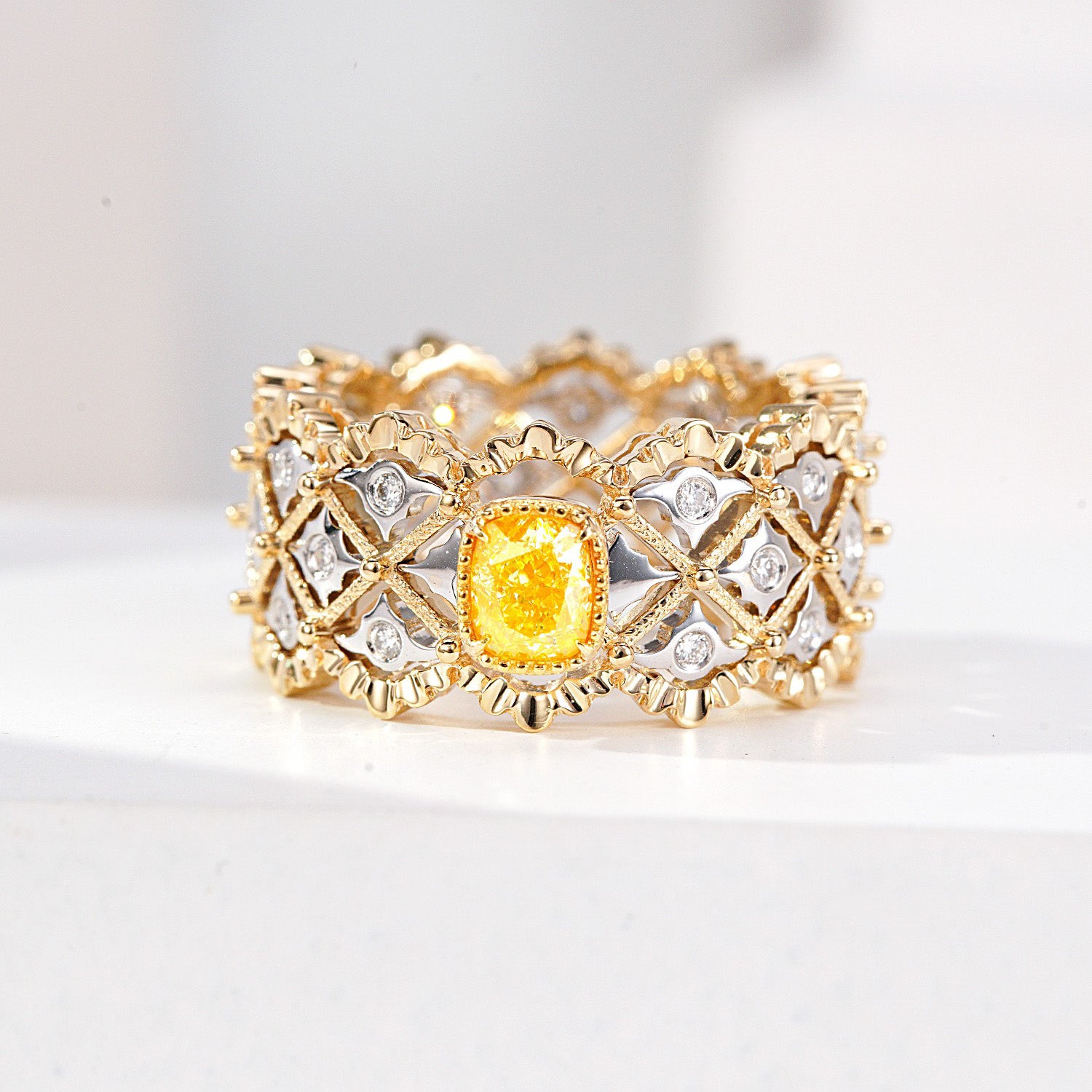 Cushion Cut Yellow Diamond Ornate Eternity Band -Front View