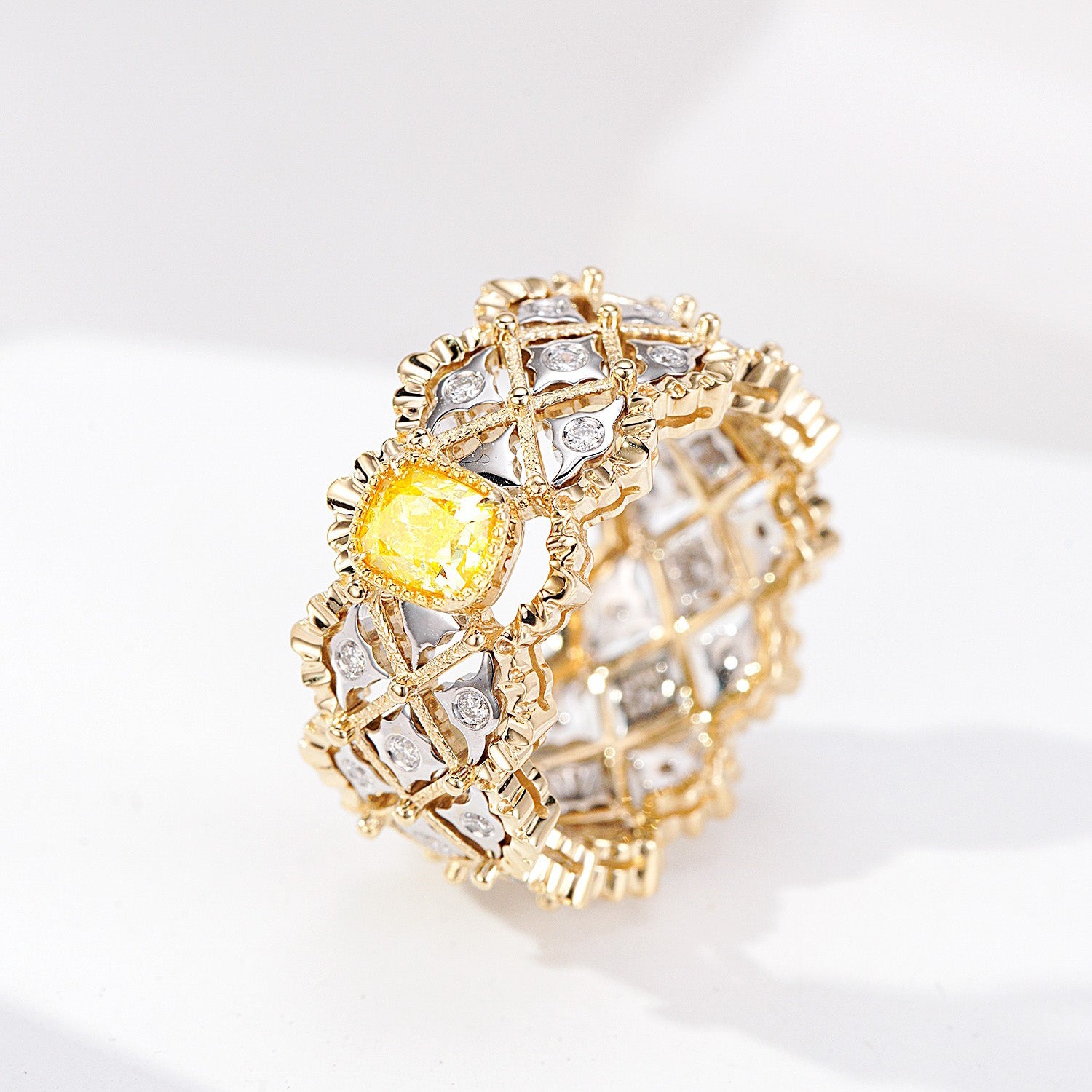 Cushion Cut Yellow Diamond Ornate Eternity Band -Side Angle