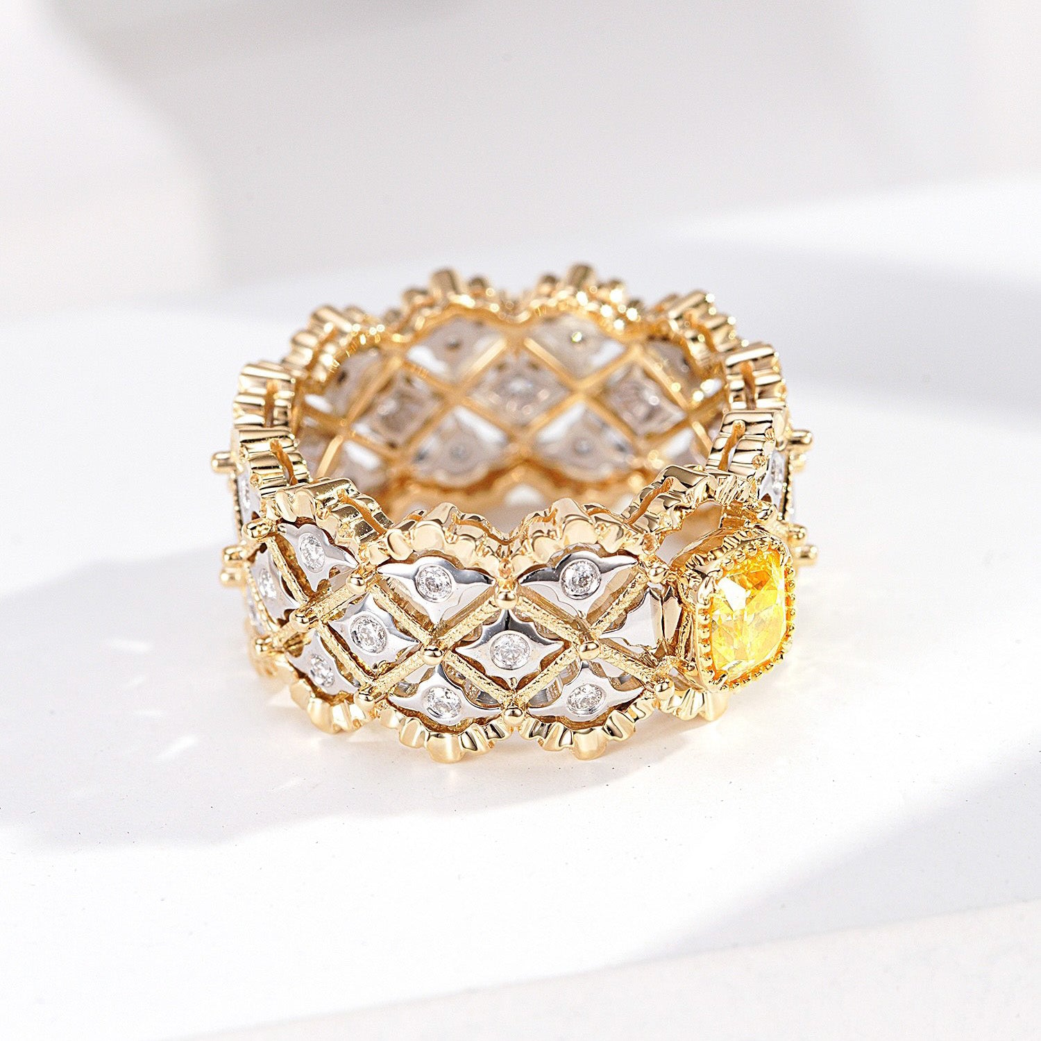 Cushion Cut Yellow Diamond Ornate Eternity Band -Top View