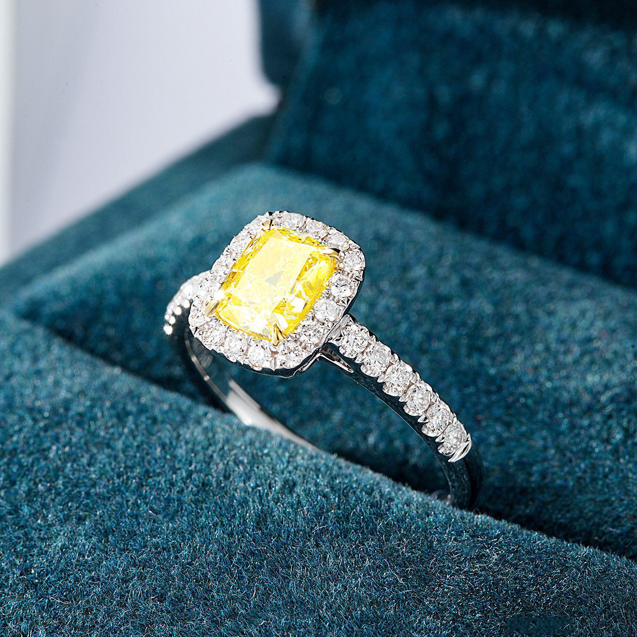 Elongated Cushion Cut Yellow Diamond Halo Engagement Ring with Pavé Ba