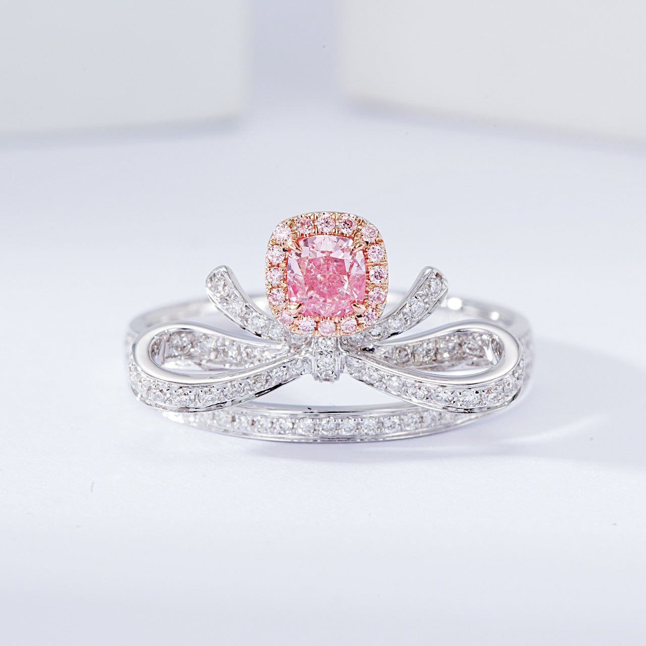 Cushion Cut Pink Diamond Ring with Bow Design -Front View