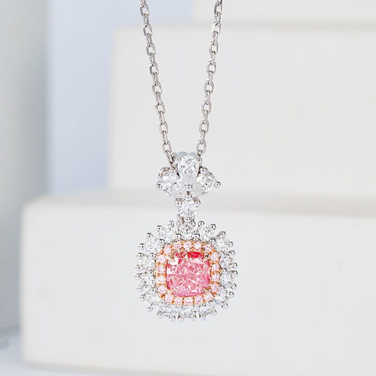 Cushion Cut Pink Diamond Halo Pendant in 18K White Gold