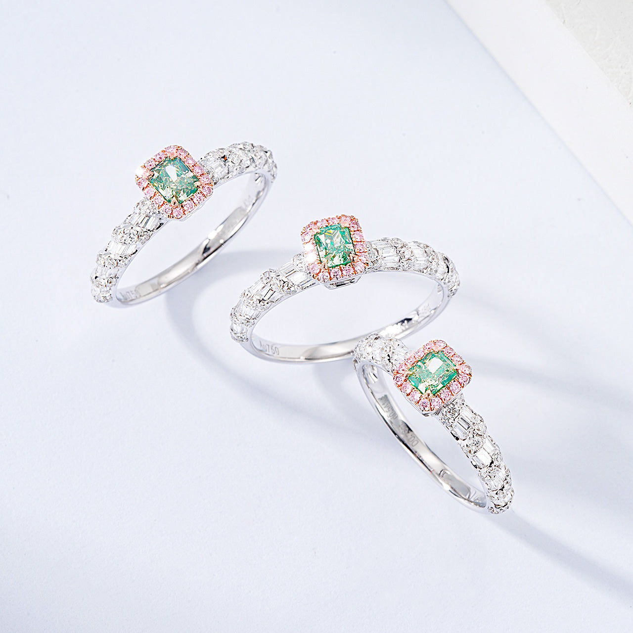 Cushion Cut Green Diamond Ring with Pink Halo and Diamond Band -Side Angle