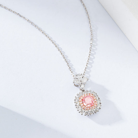 Cushion Cut Pink Diamond Halo Pendant in 18K White Gold