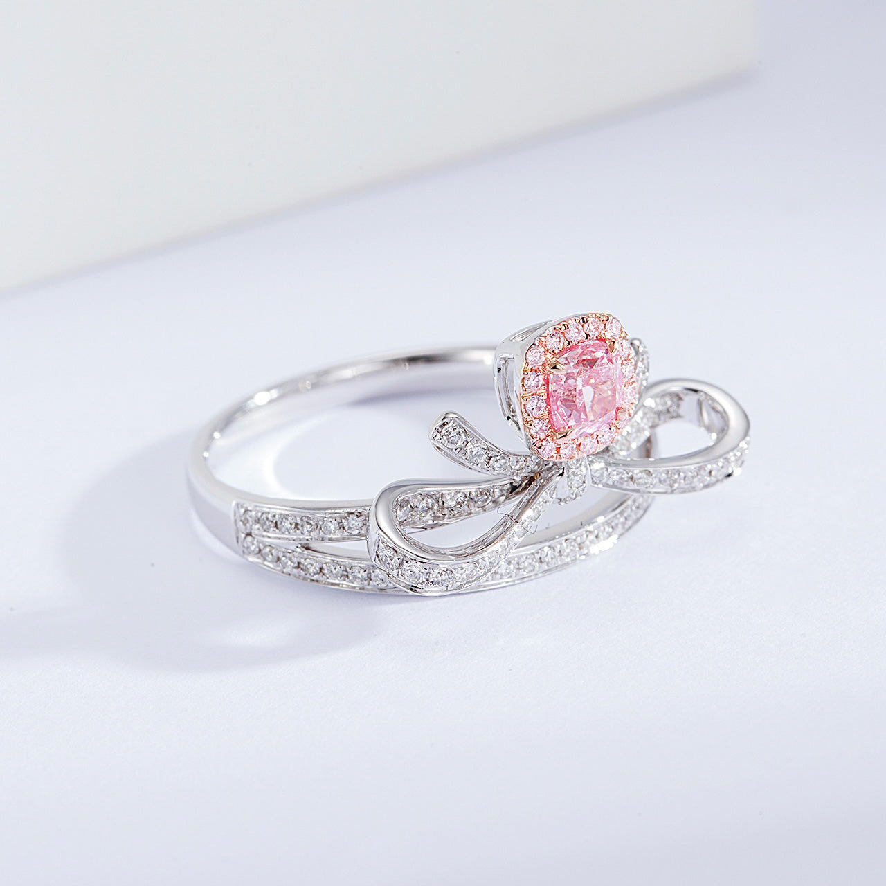 Cushion Cut Pink Diamond Ring with Bow Design -Top View