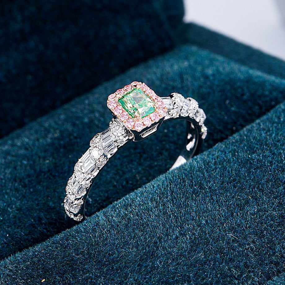 Cushion Cut Green Diamond Ring with Pink Halo and Diamond Band -Perspective Close-up