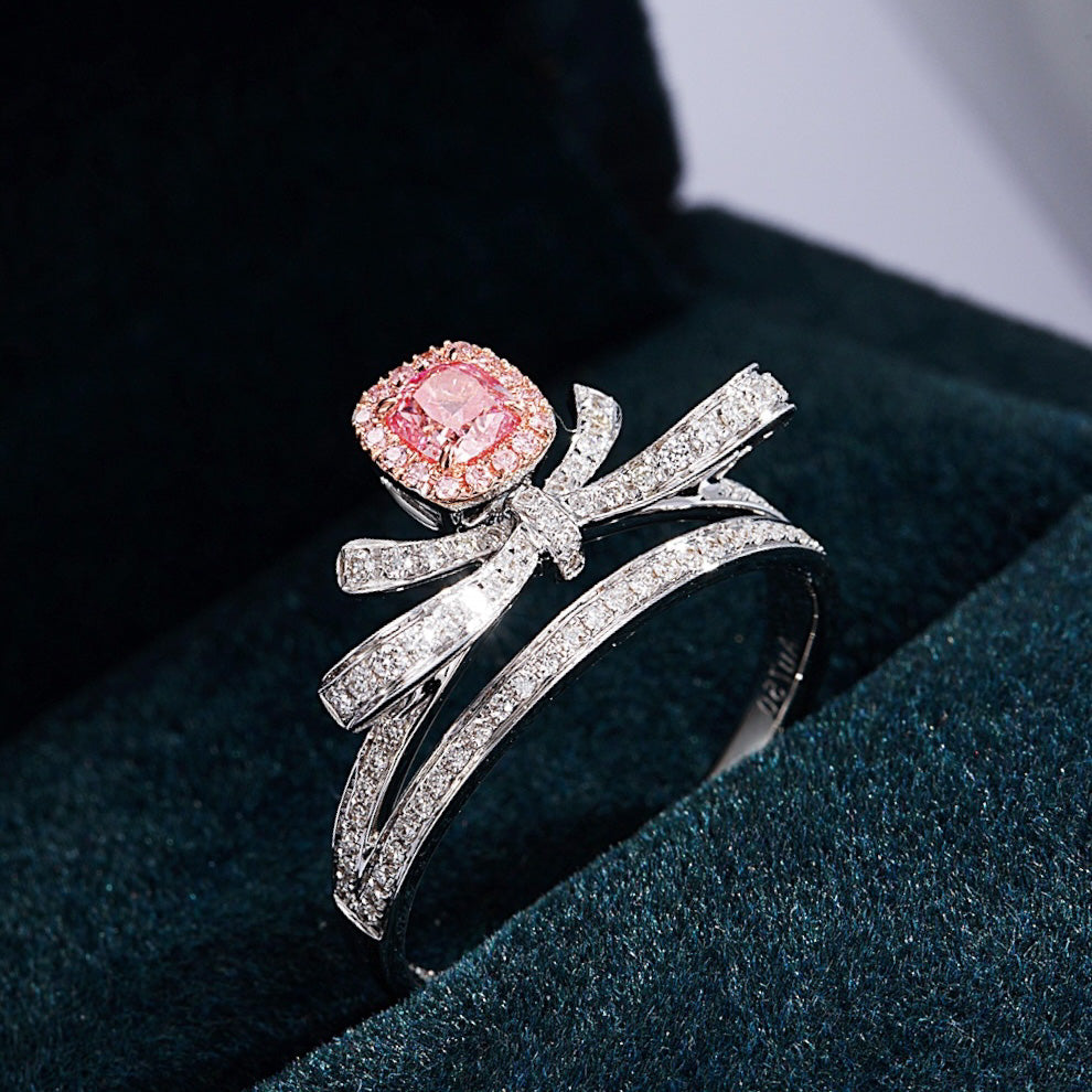 Cushion Cut Pink Diamond Ring with Bow Design -Perspective Close-up