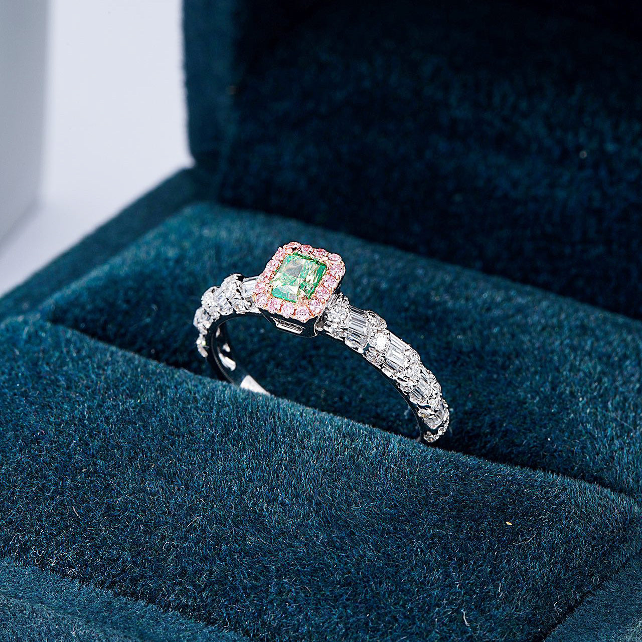 Cushion Cut Green Diamond Ring with Pink Halo and Diamond Band -In-Box Display