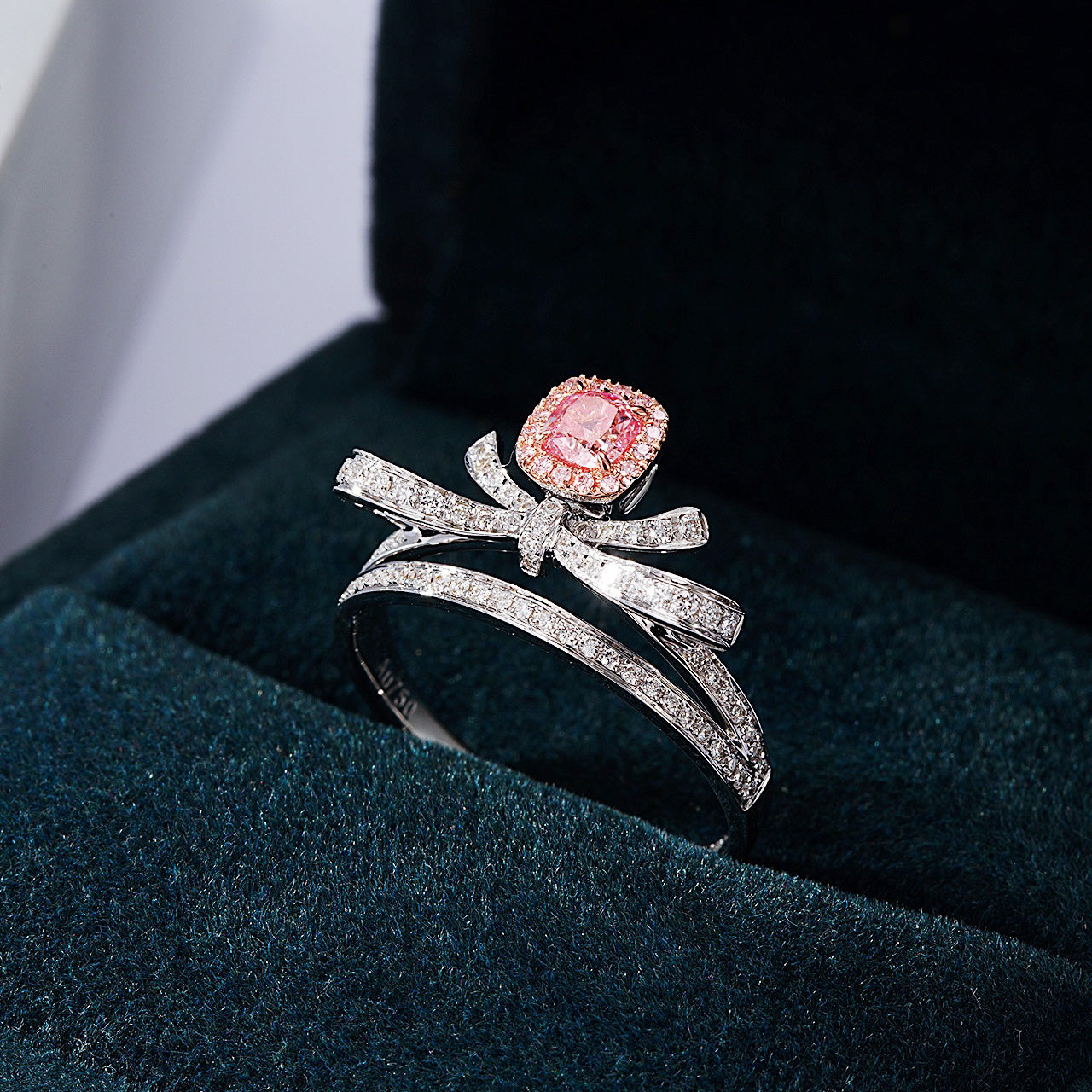 Cushion Cut Pink Diamond Ring with Bow Design -In-Box Display