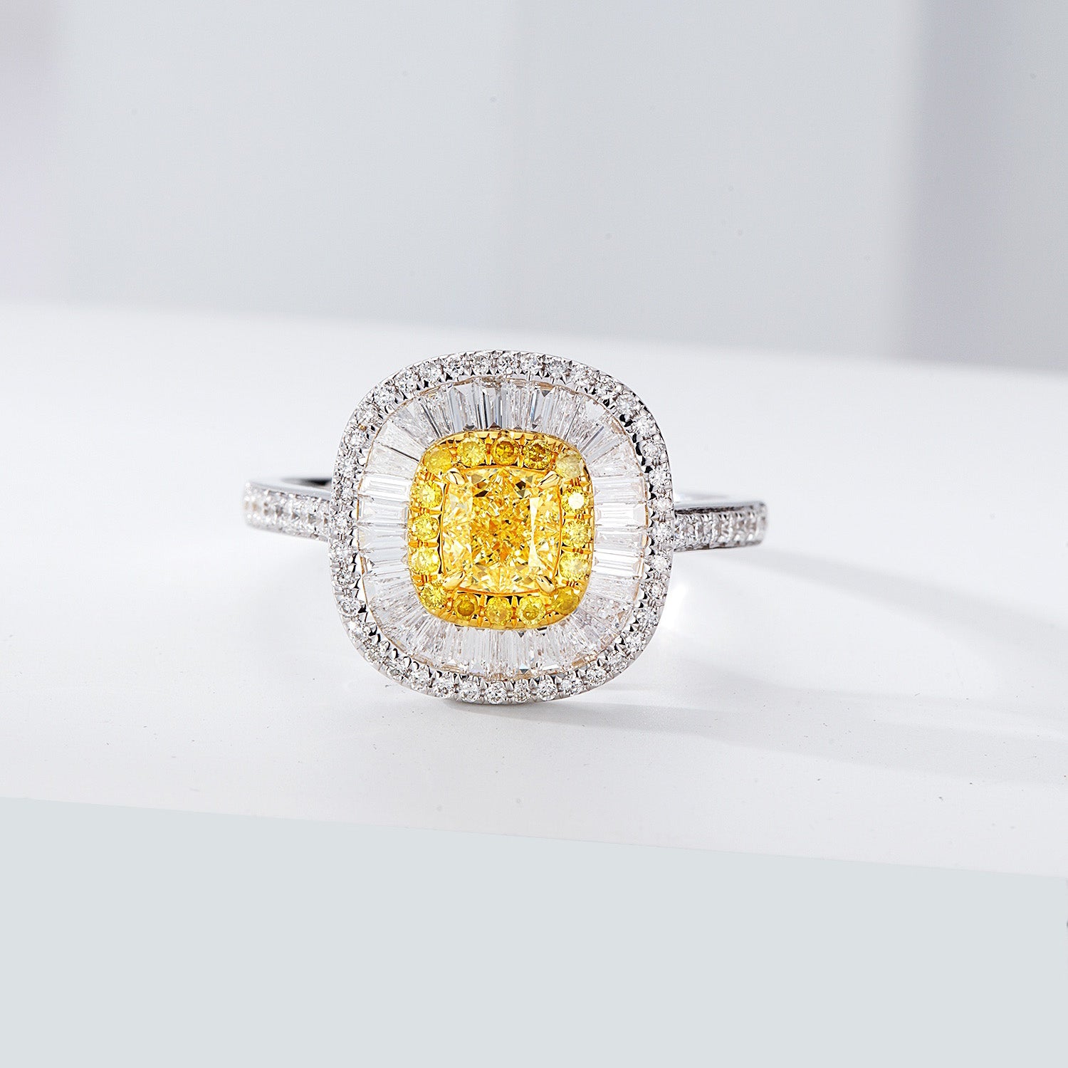 Cushion Cut Yellow Diamond with Baguette Halo Pavé Ring -Front View