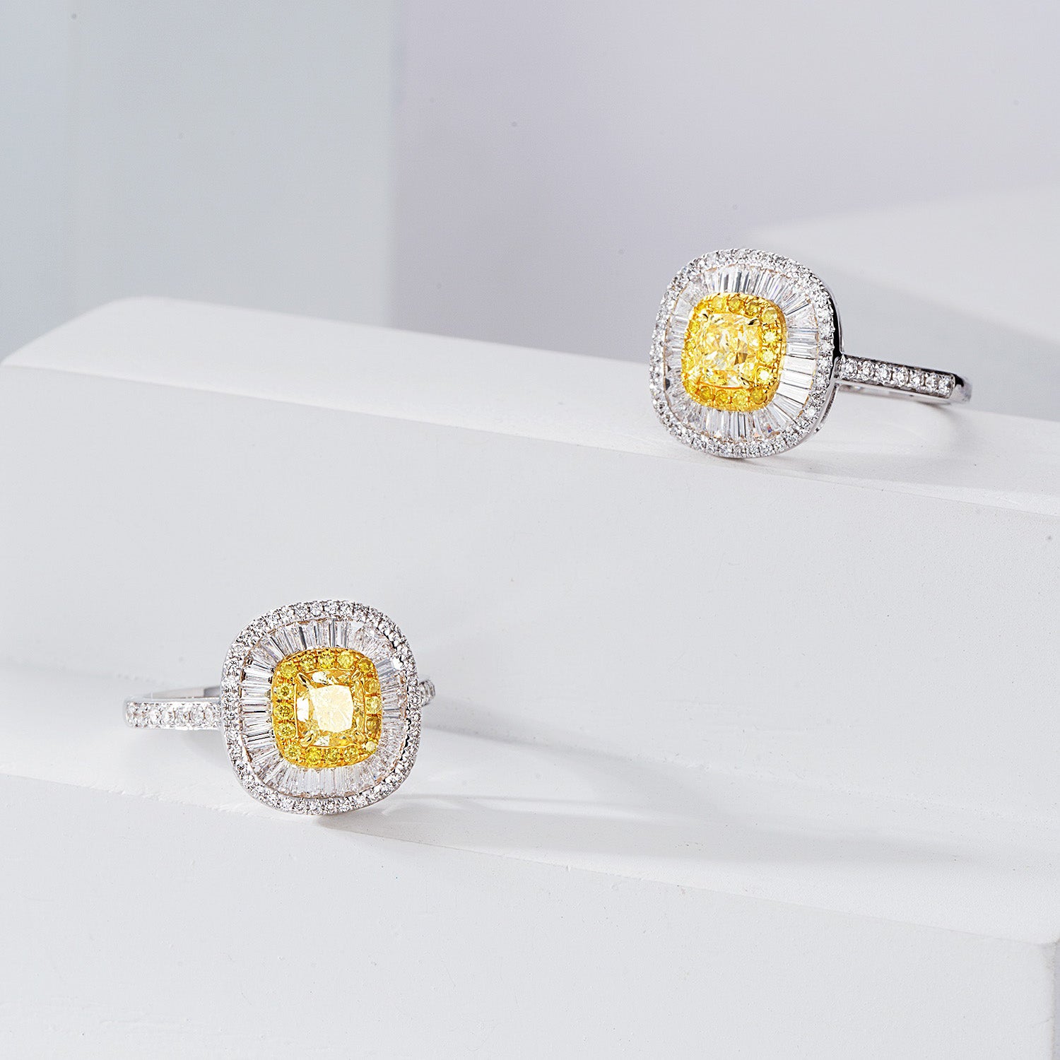 Cushion Cut Yellow Diamond with Baguette Halo Pavé Ring -Top View