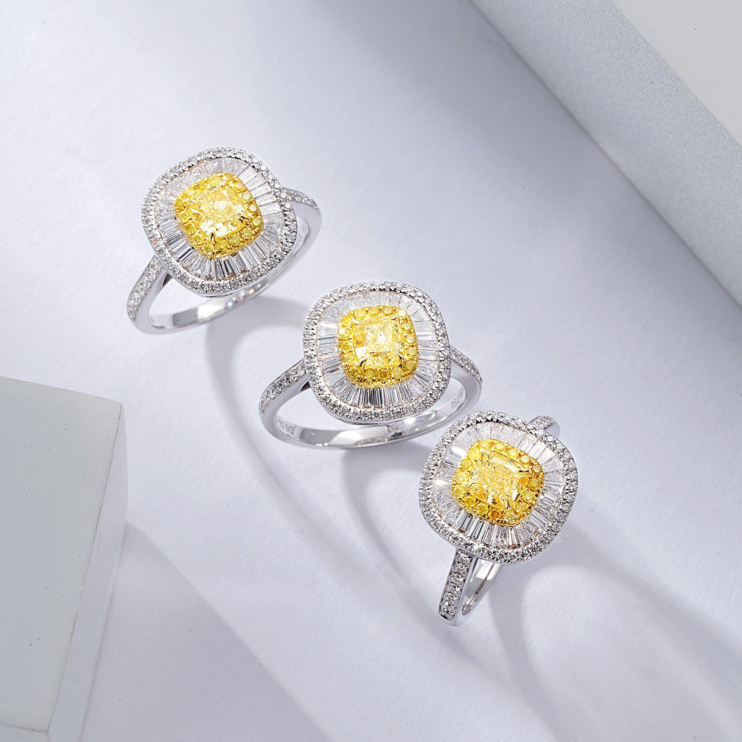 Cushion Cut Yellow Diamond with Baguette Halo Pavé Ring -Side Angle