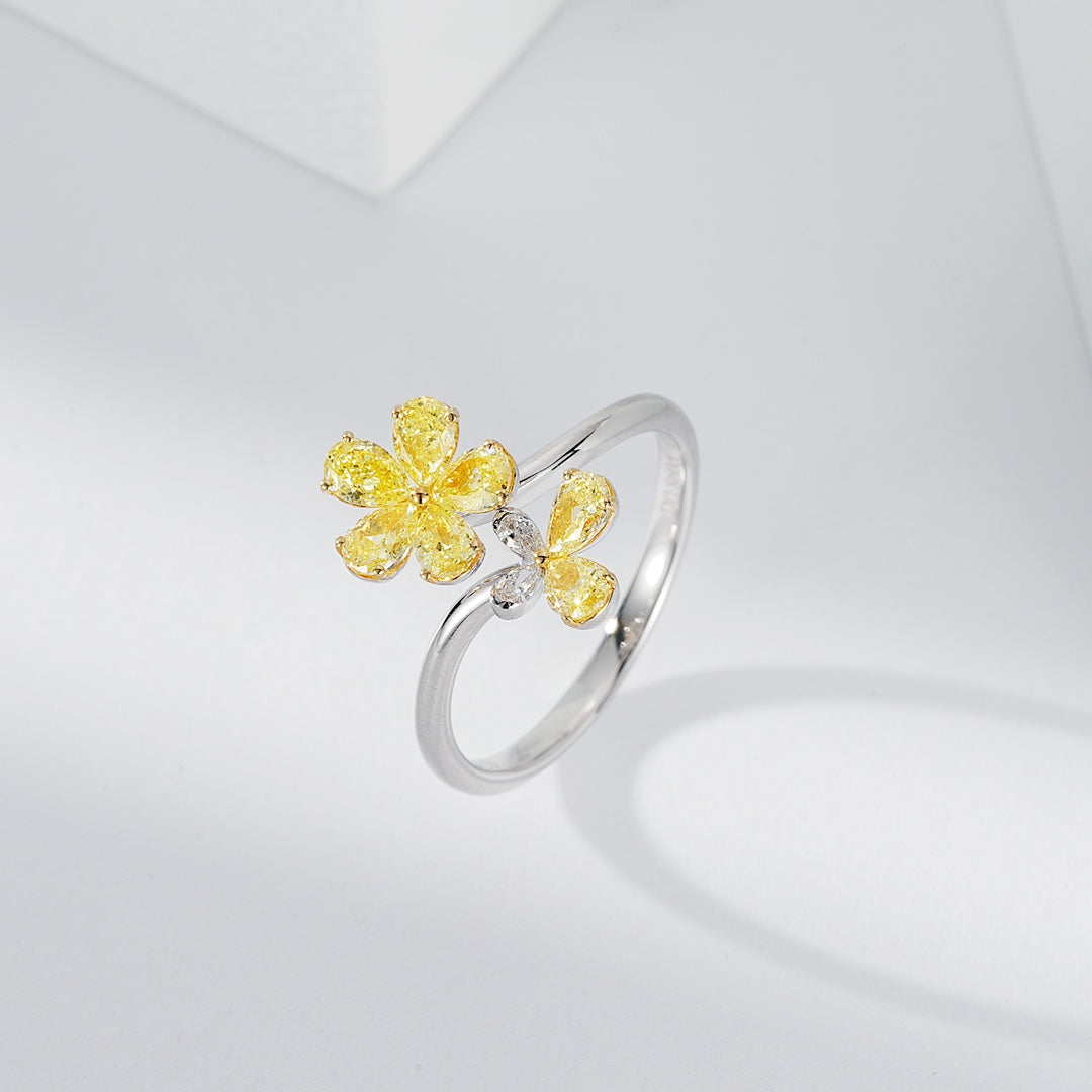 Yellow Diamond Floral Design Ring with Pear Shaped Petals -Side Angle