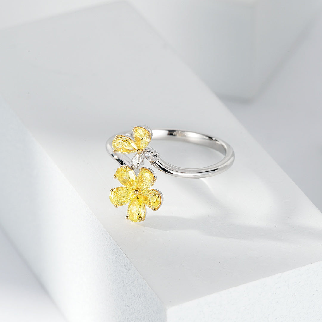 Yellow Diamond Floral Design Ring with Pear Shaped Petals -Top View