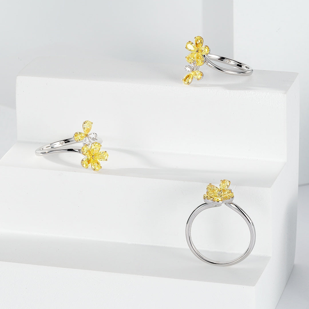 Yellow Diamond Floral Design Ring with Pear Shaped Petals -Perspective Close-up