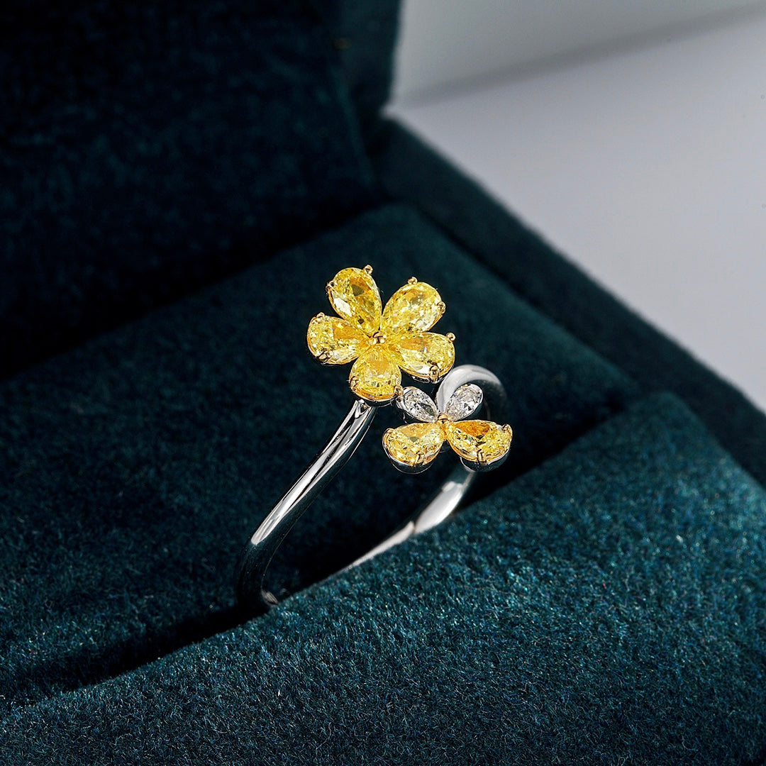 Yellow Diamond Floral Design Ring with Pear Shaped Petals -In-Box Display