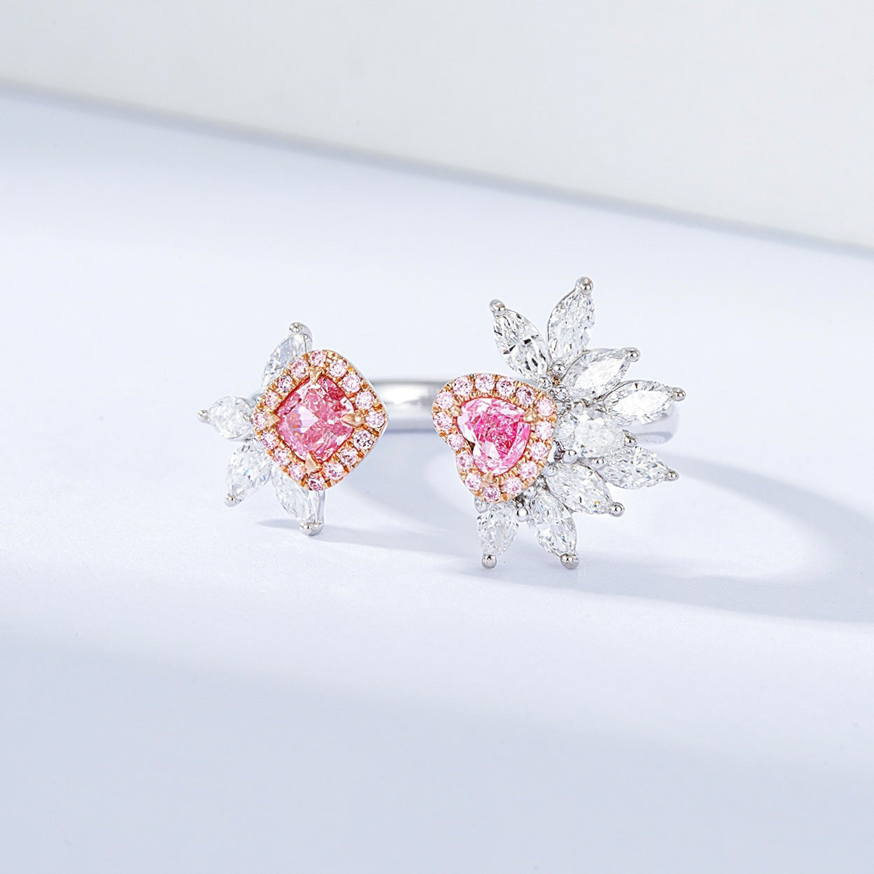 Open Floral Pink Diamond Ring with Marquise and Round Diamond Accents -Front View