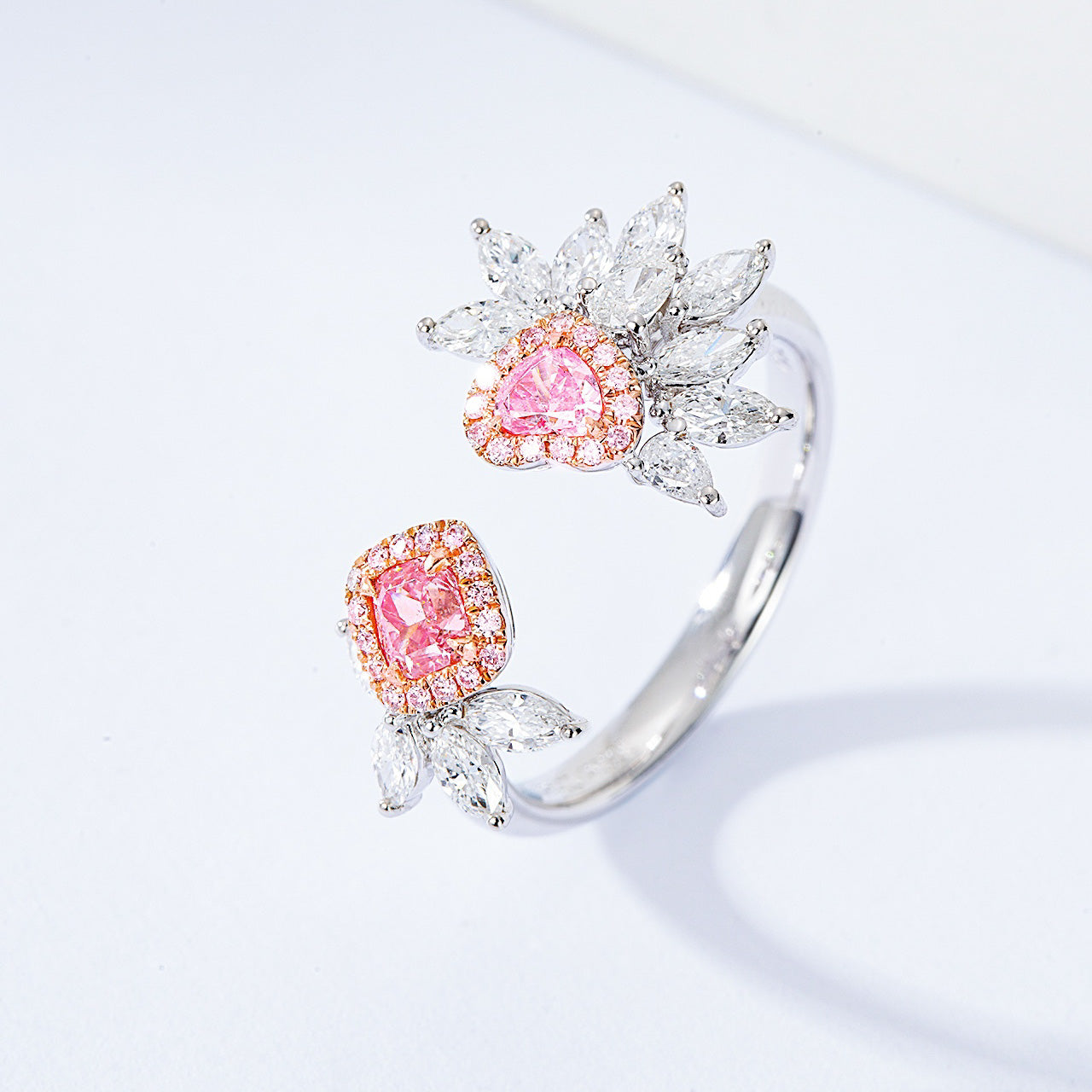 Open Floral Pink Diamond Ring with Marquise and Round Diamond Accents -Side Angle